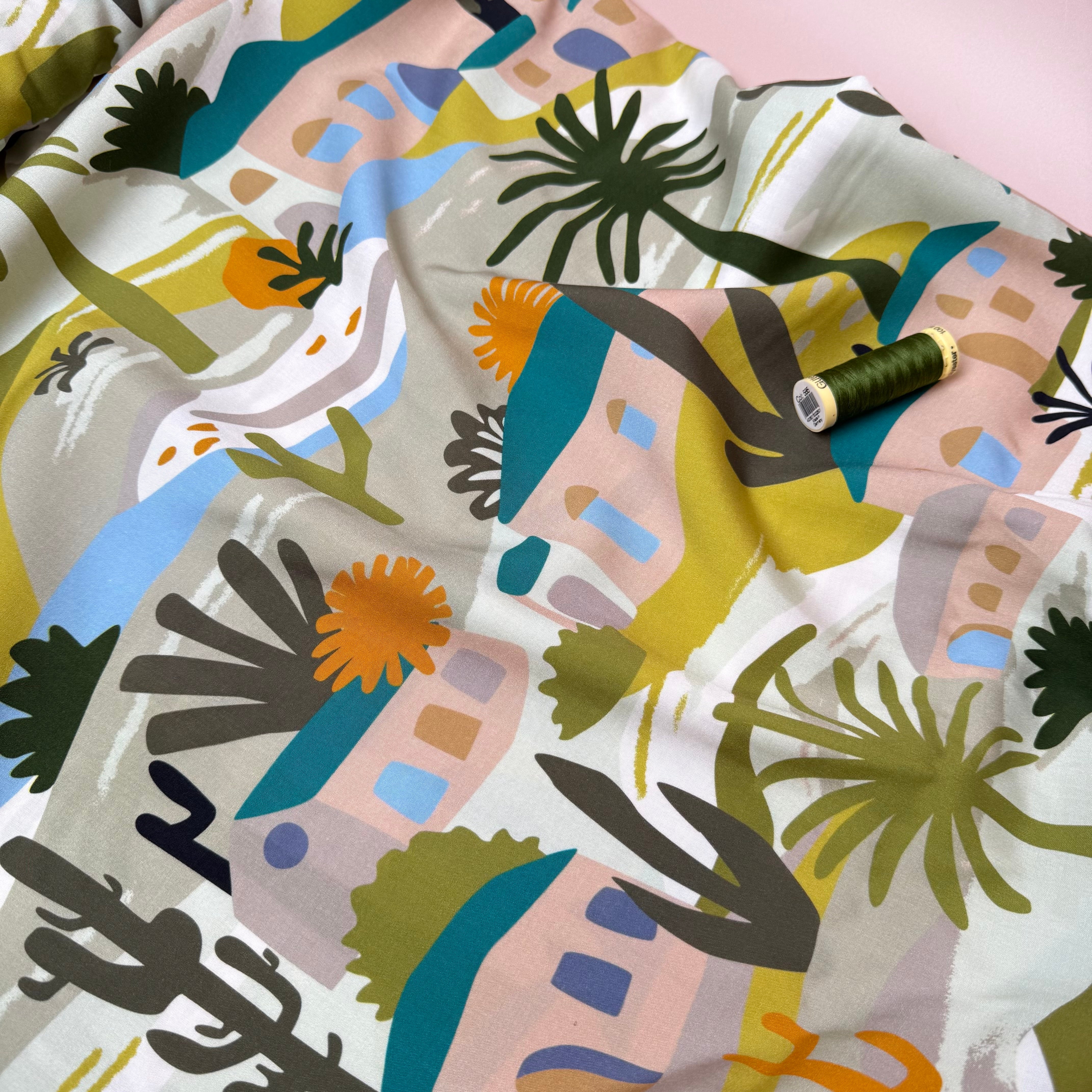 Tropical Village Viscose Poplin Fabric