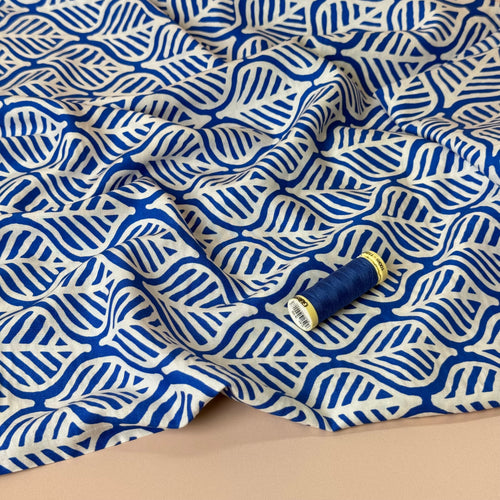 Deadstock Etched Leaves on Cobalt Viscose Fabric