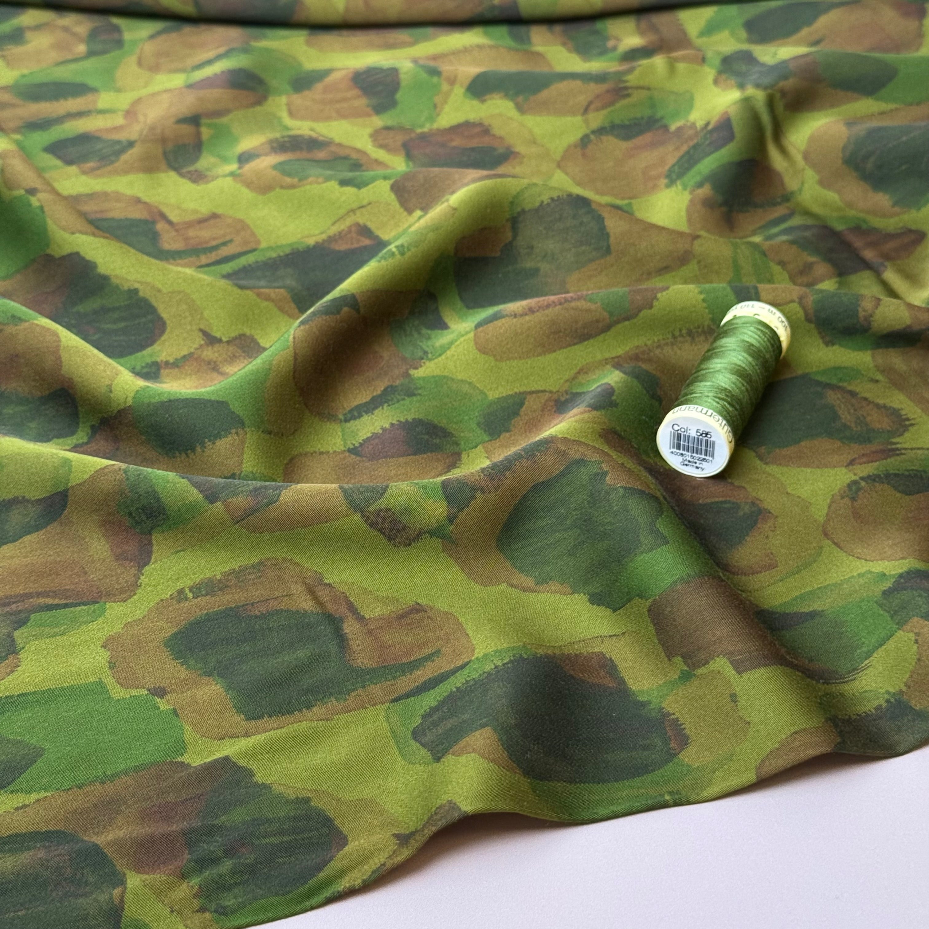 Khaki Painted Shapes Viscose Sateen Fabric
