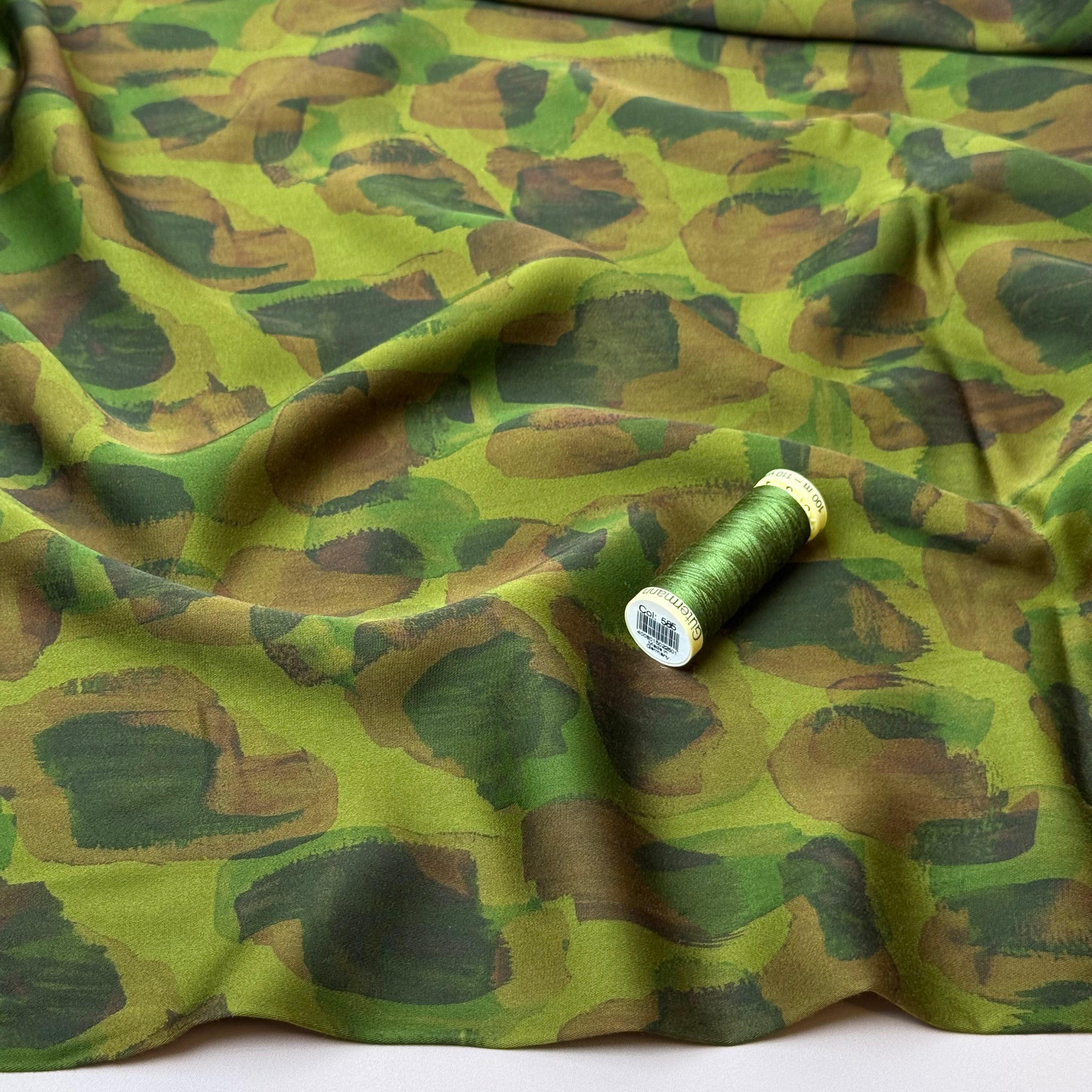 Khaki Painted Shapes Viscose Sateen Fabric