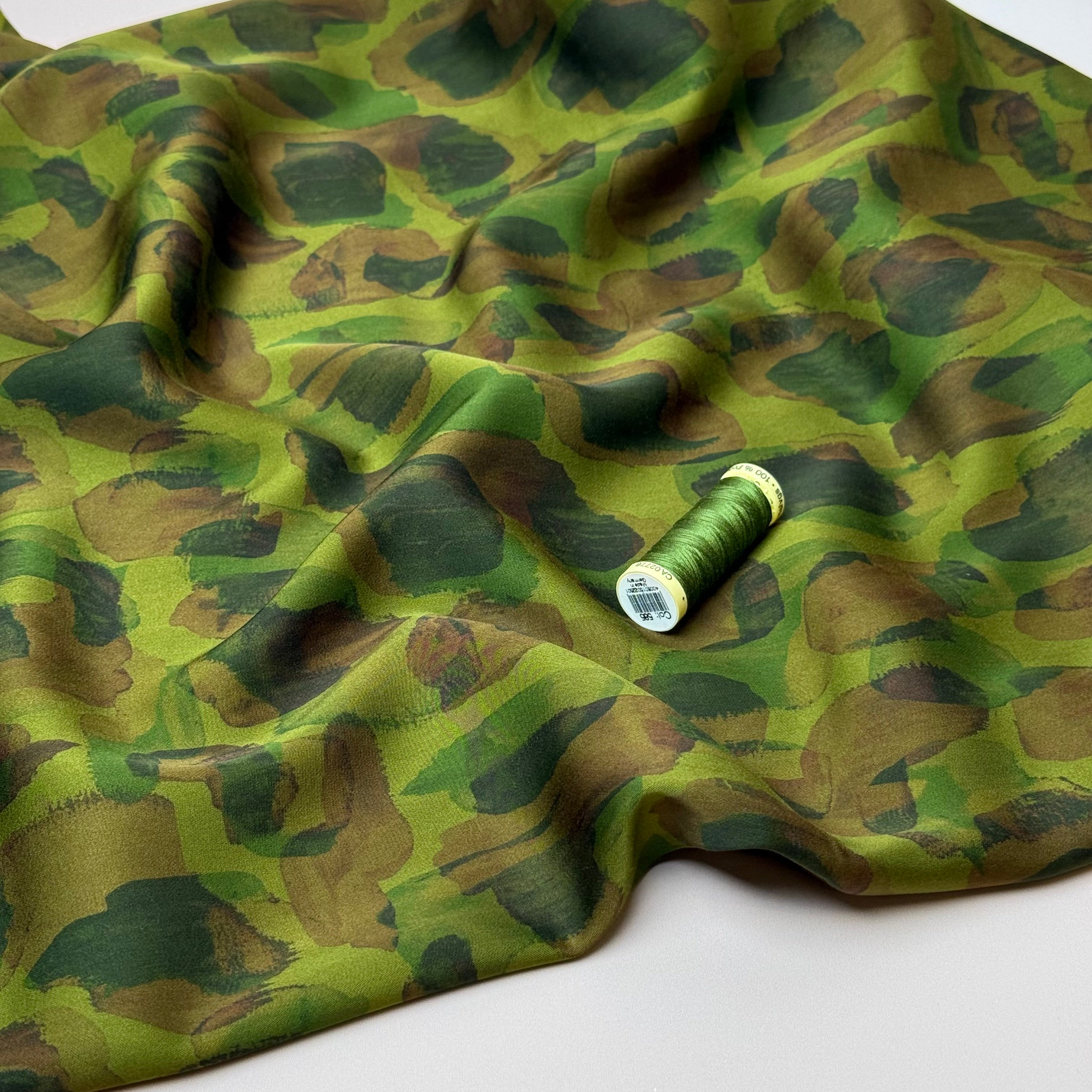 Khaki Painted Shapes Viscose Sateen Fabric