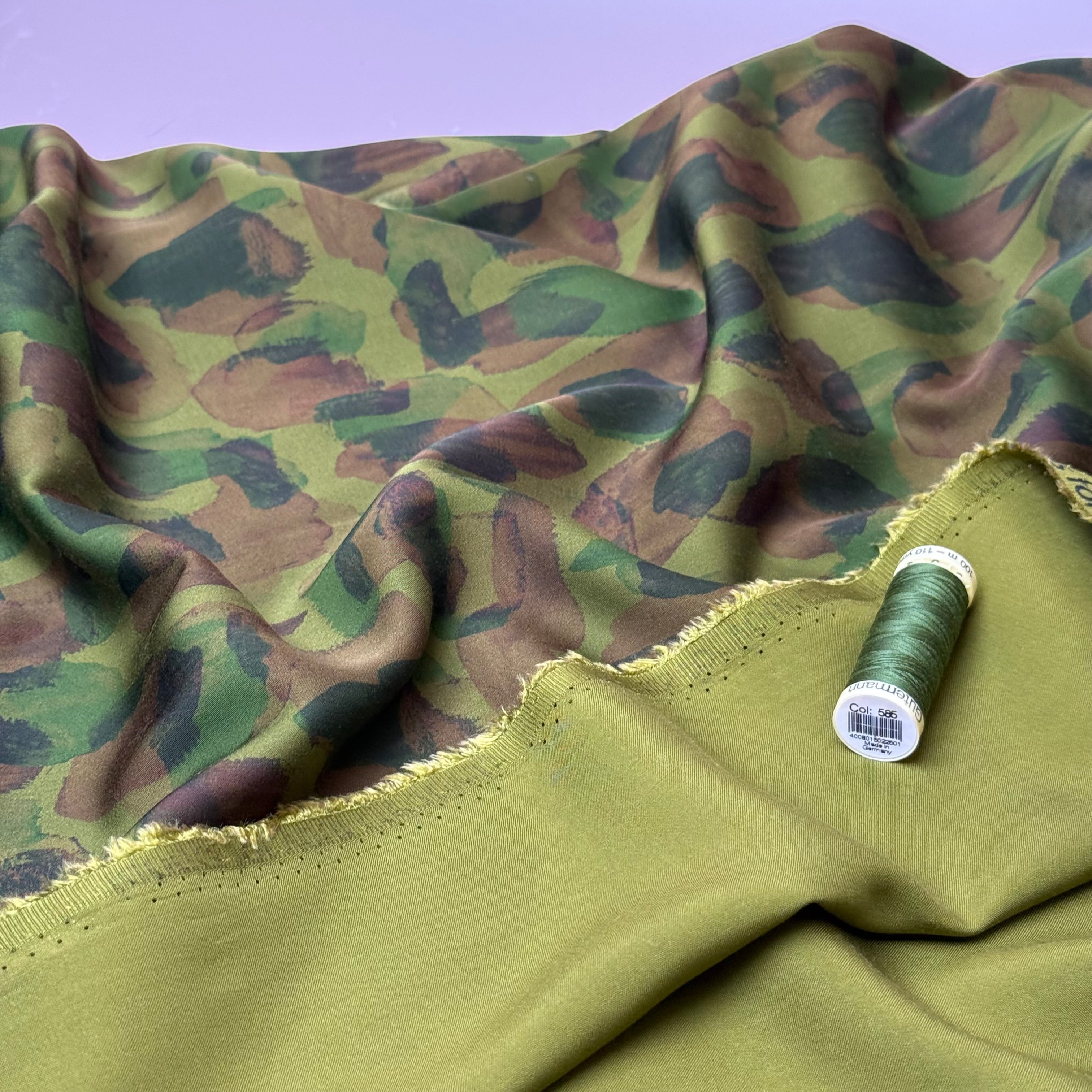 Khaki Painted Shapes Viscose Sateen Fabric