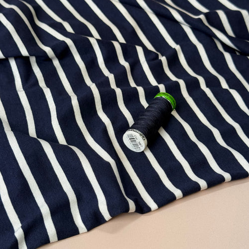 Deadstock White Stripes on Navy Yarn Dyed Viscose Jersey