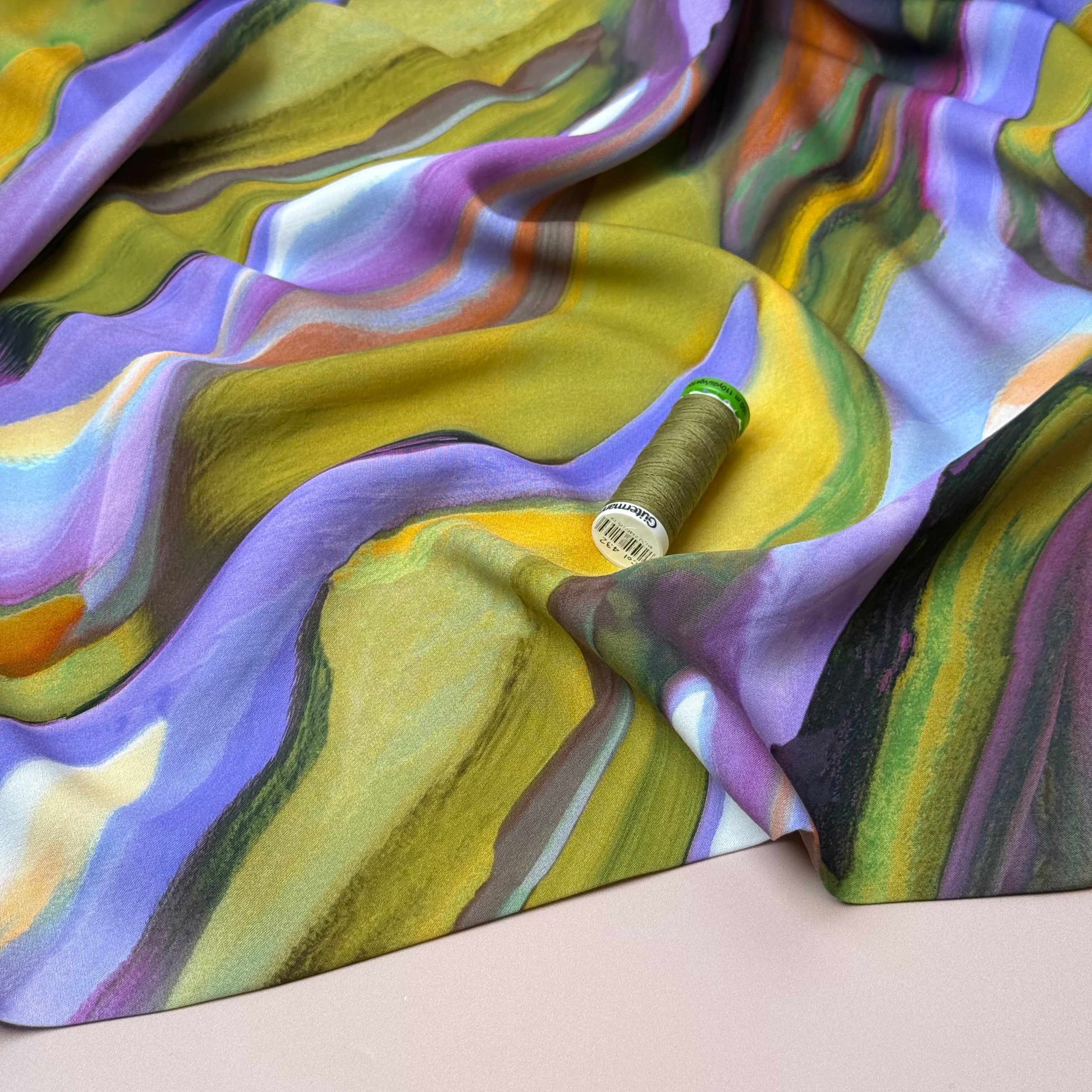 Abstract Swirl Green Viscose Poplin Fabric