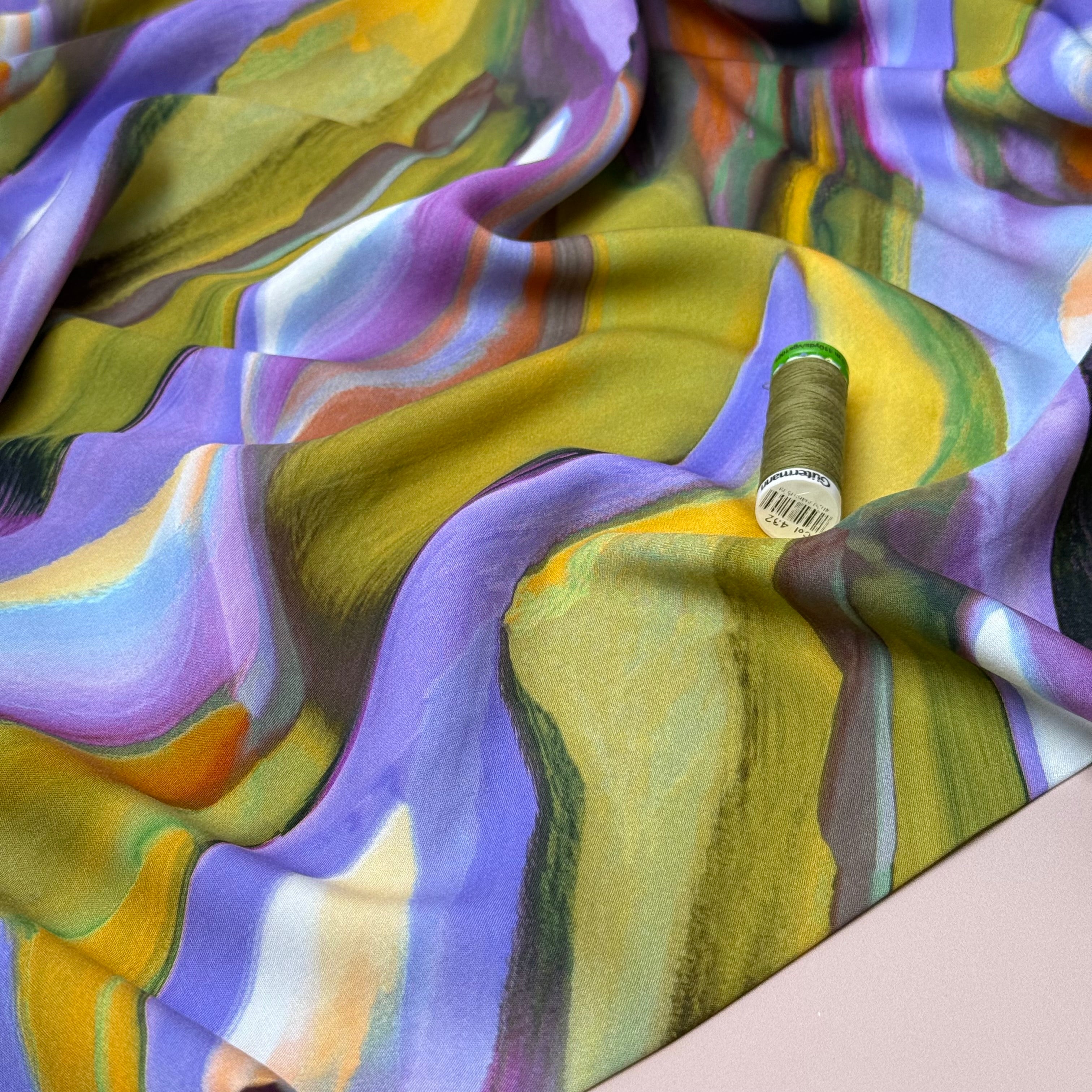 Abstract Swirl Green Viscose Poplin Fabric