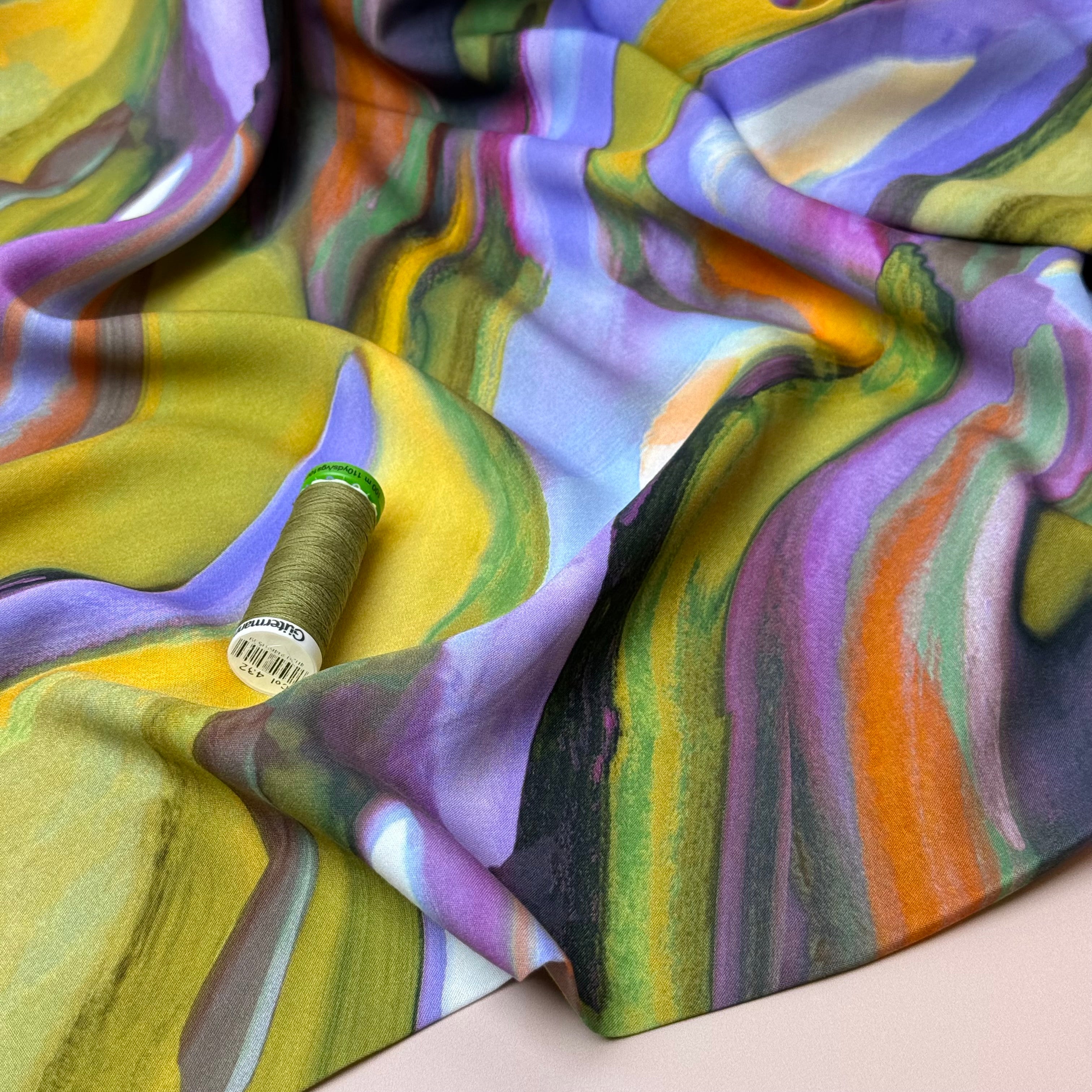 Abstract Swirl Green Viscose Poplin Fabric