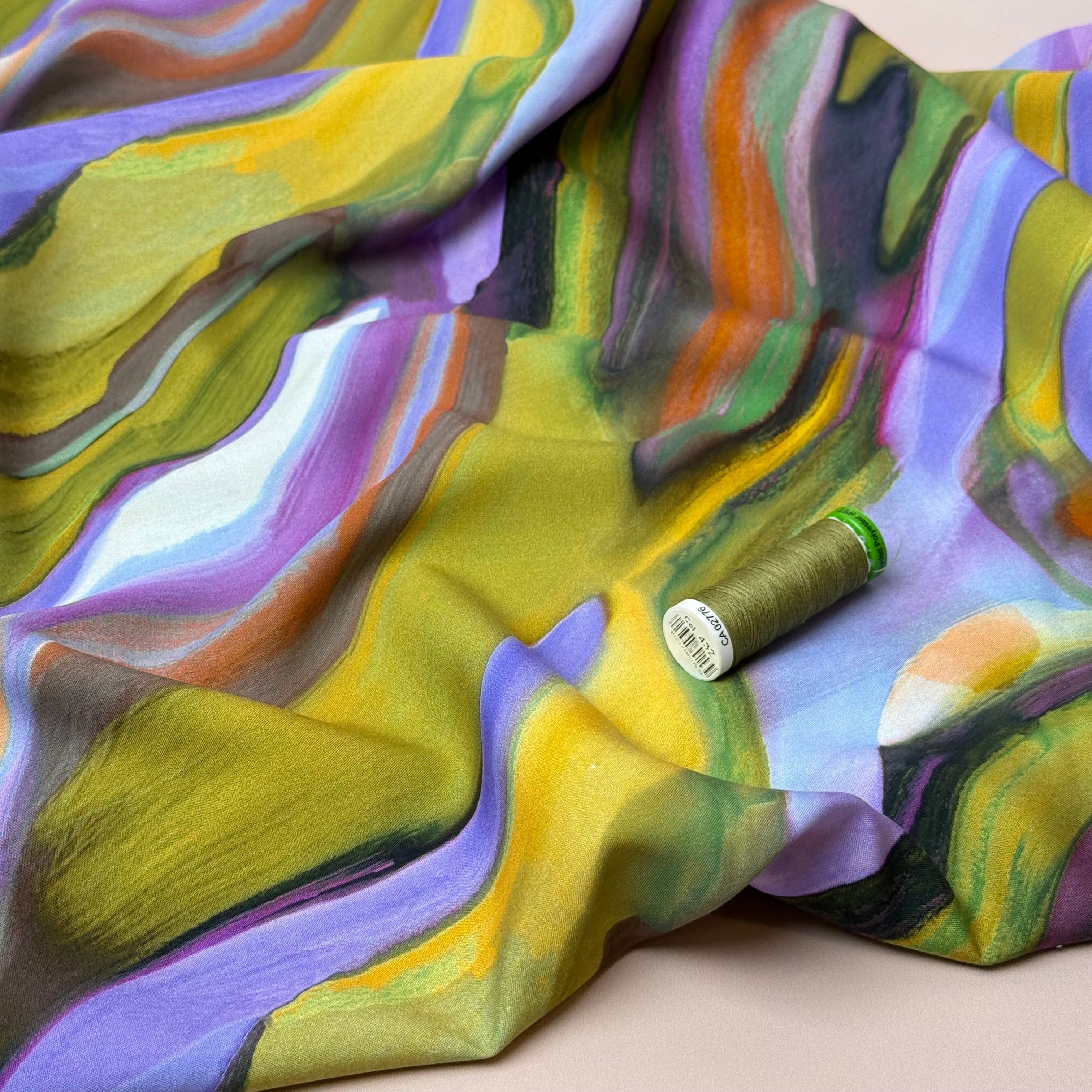 Abstract Swirl Green Viscose Poplin Fabric