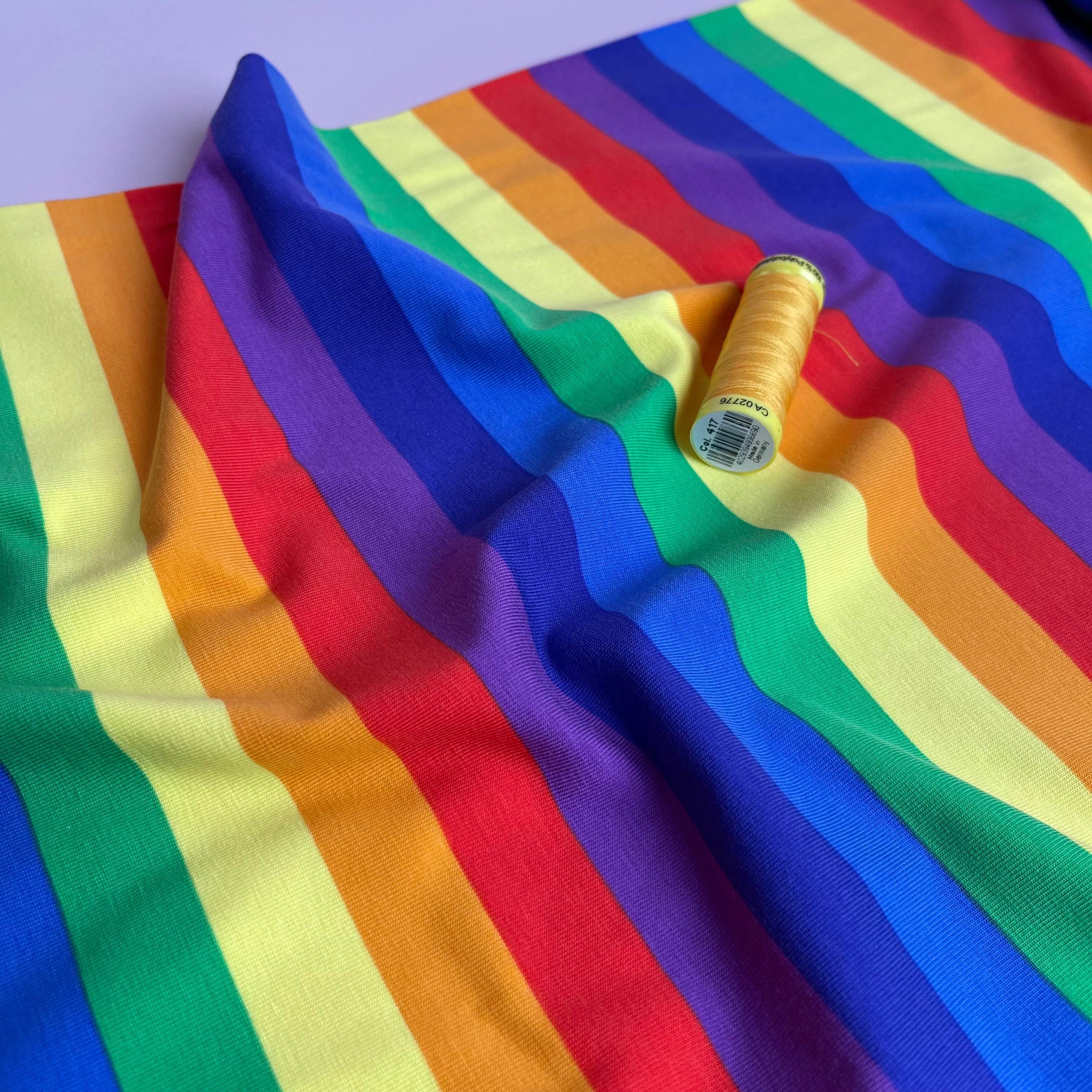 REMNANT 0.52 Metre (plus free 25cm with fault) - Rainbow Stripes Cotton Jersey Fabric