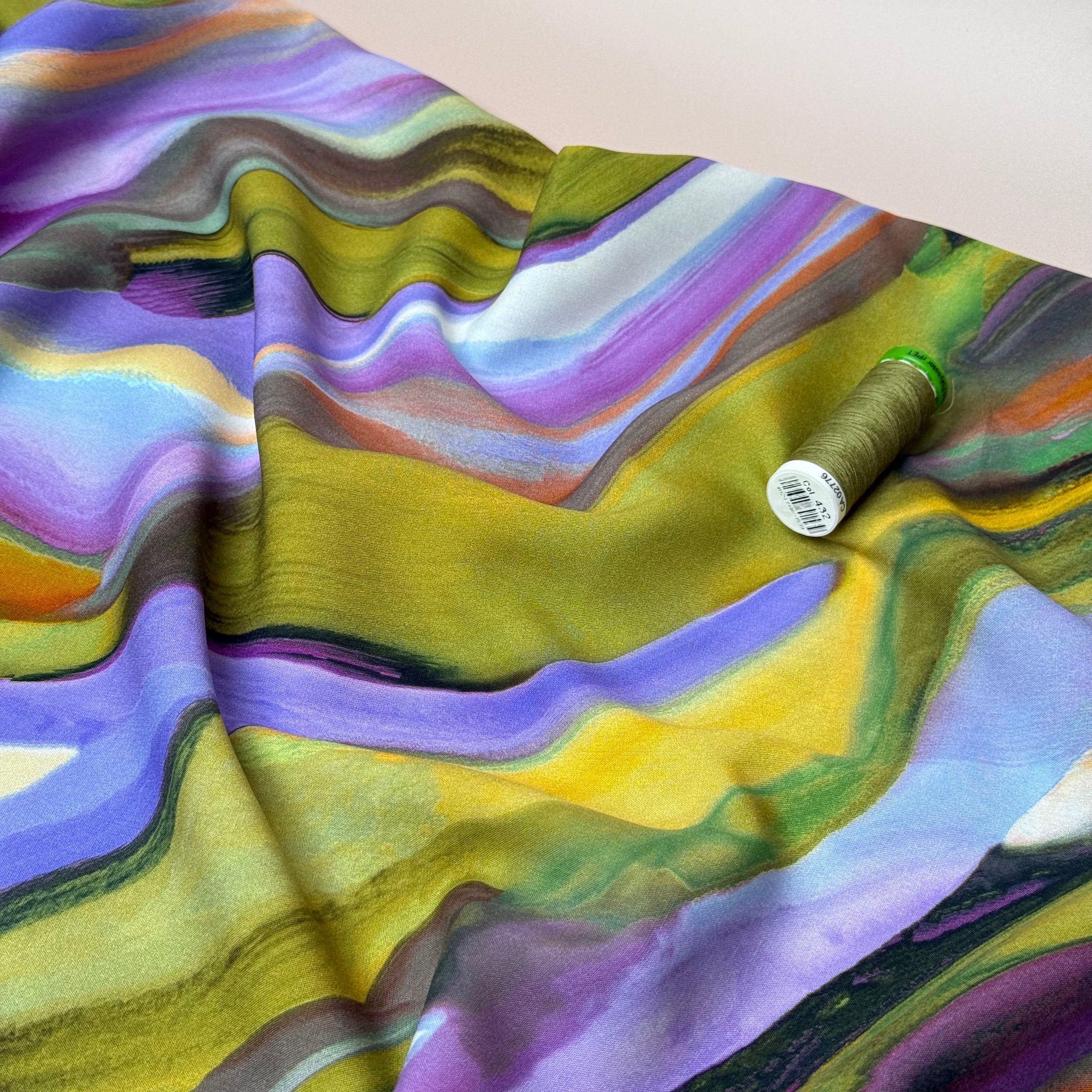 Abstract Swirl Green Viscose Poplin Fabric