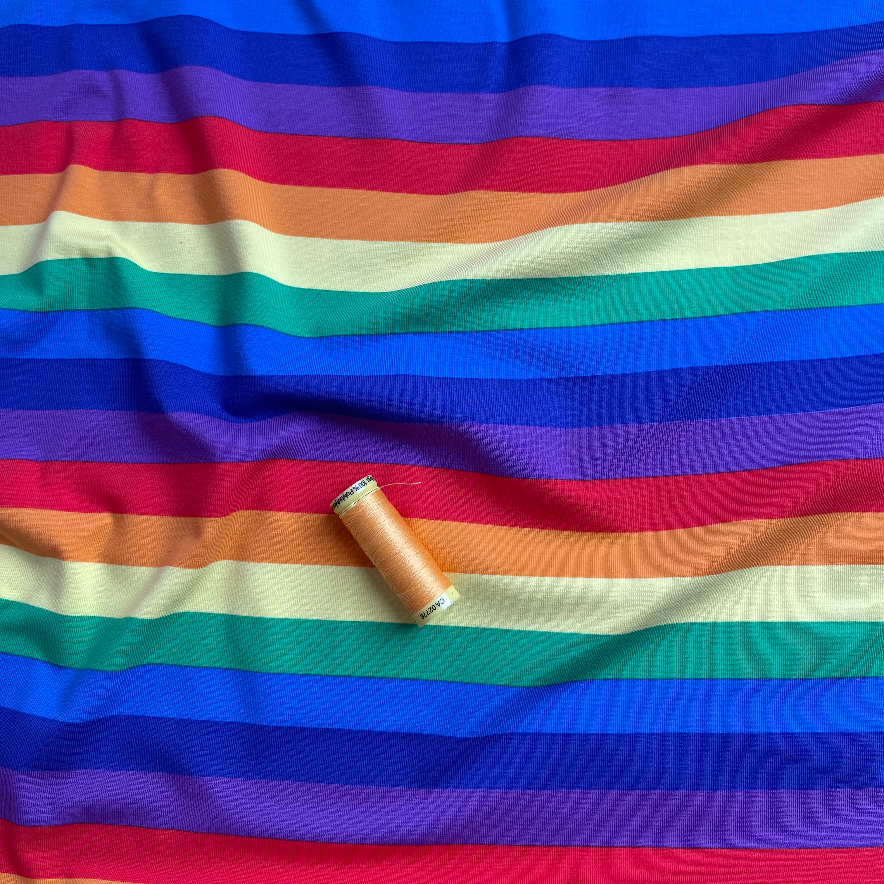 REMNANT 0.52 Metre (plus free 25cm with fault) - Rainbow Stripes Cotton Jersey Fabric