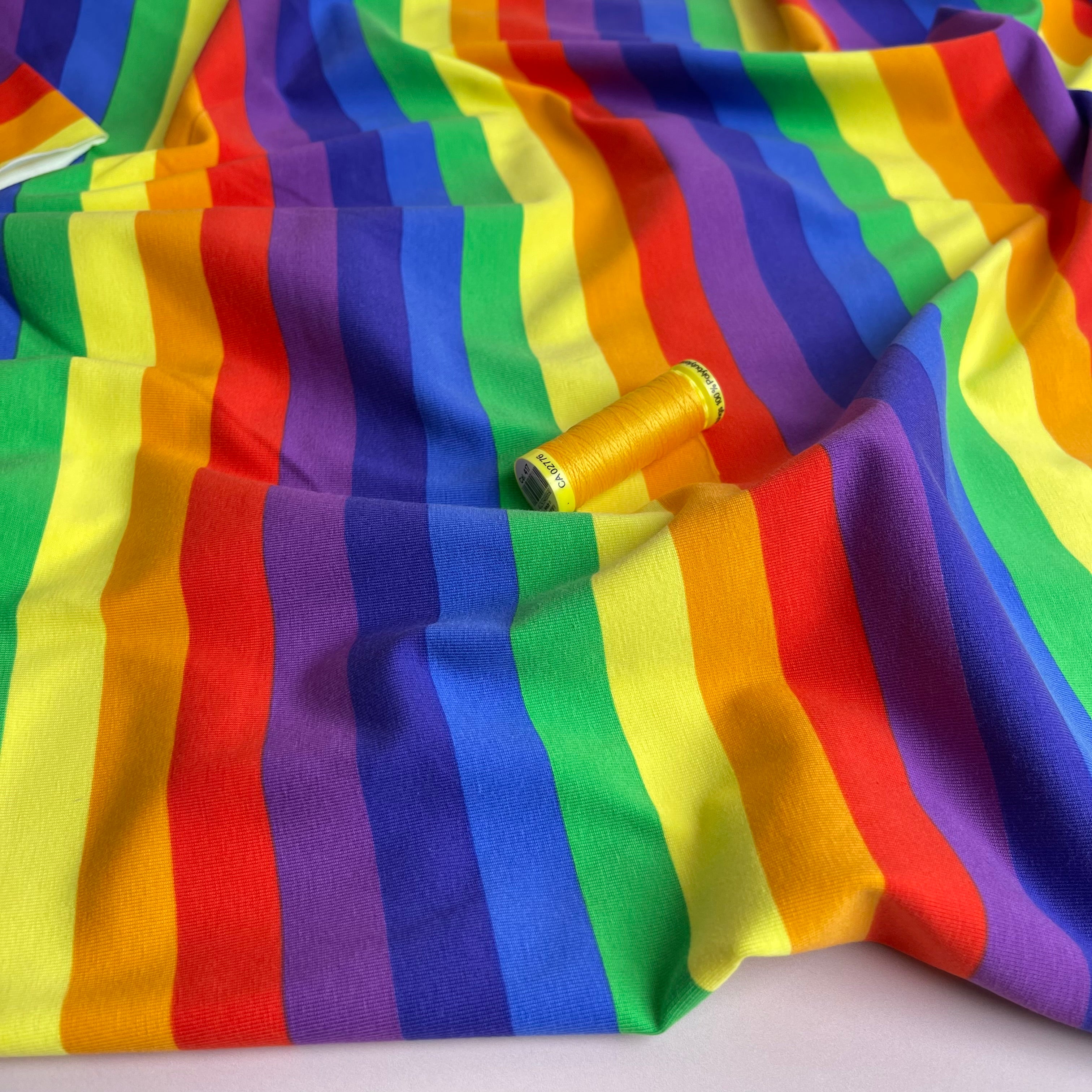 REMNANT 0.52 Metre (plus free 25cm with fault) - Rainbow Stripes Cotton Jersey Fabric