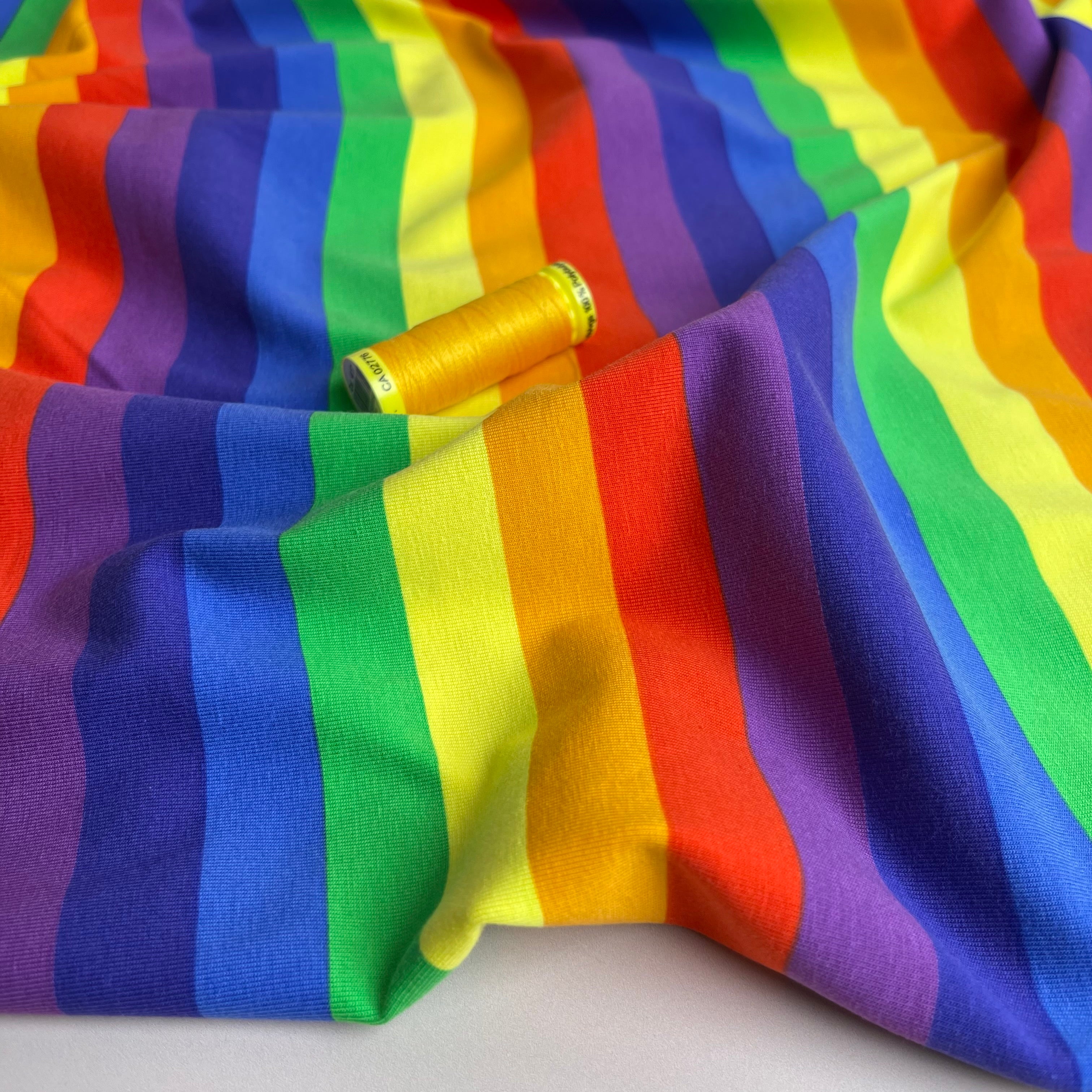 REMNANT 0.52 Metre (plus free 25cm with fault) - Rainbow Stripes Cotton Jersey Fabric