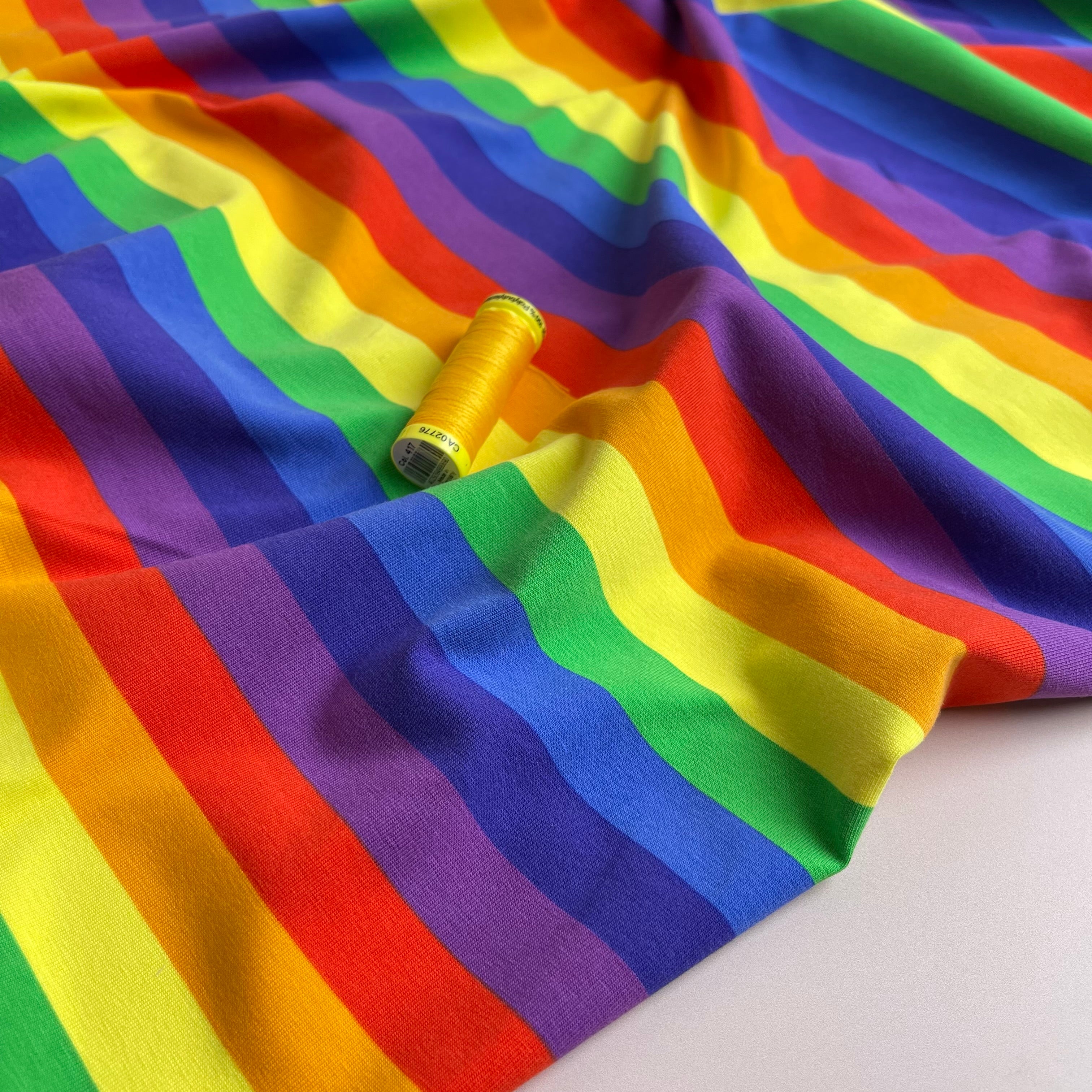 REMNANT 0.52 Metre (plus free 25cm with fault) - Rainbow Stripes Cotton Jersey Fabric