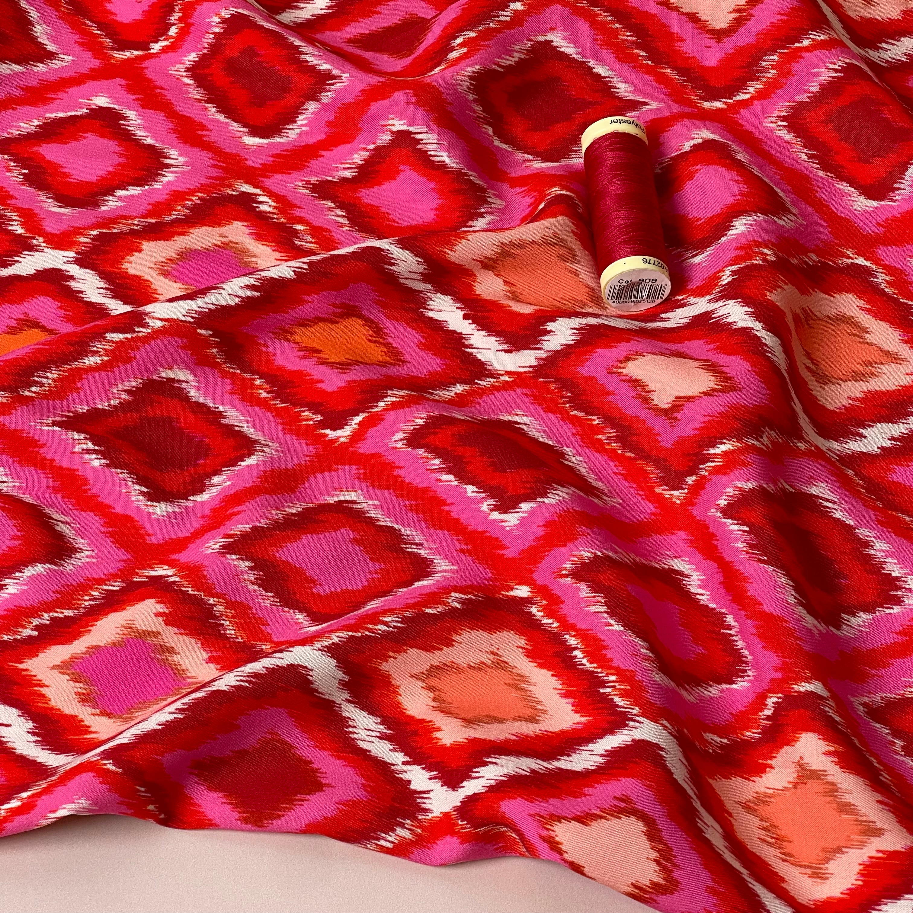 Pink and Red Deco Rhombus Viscose Fabric