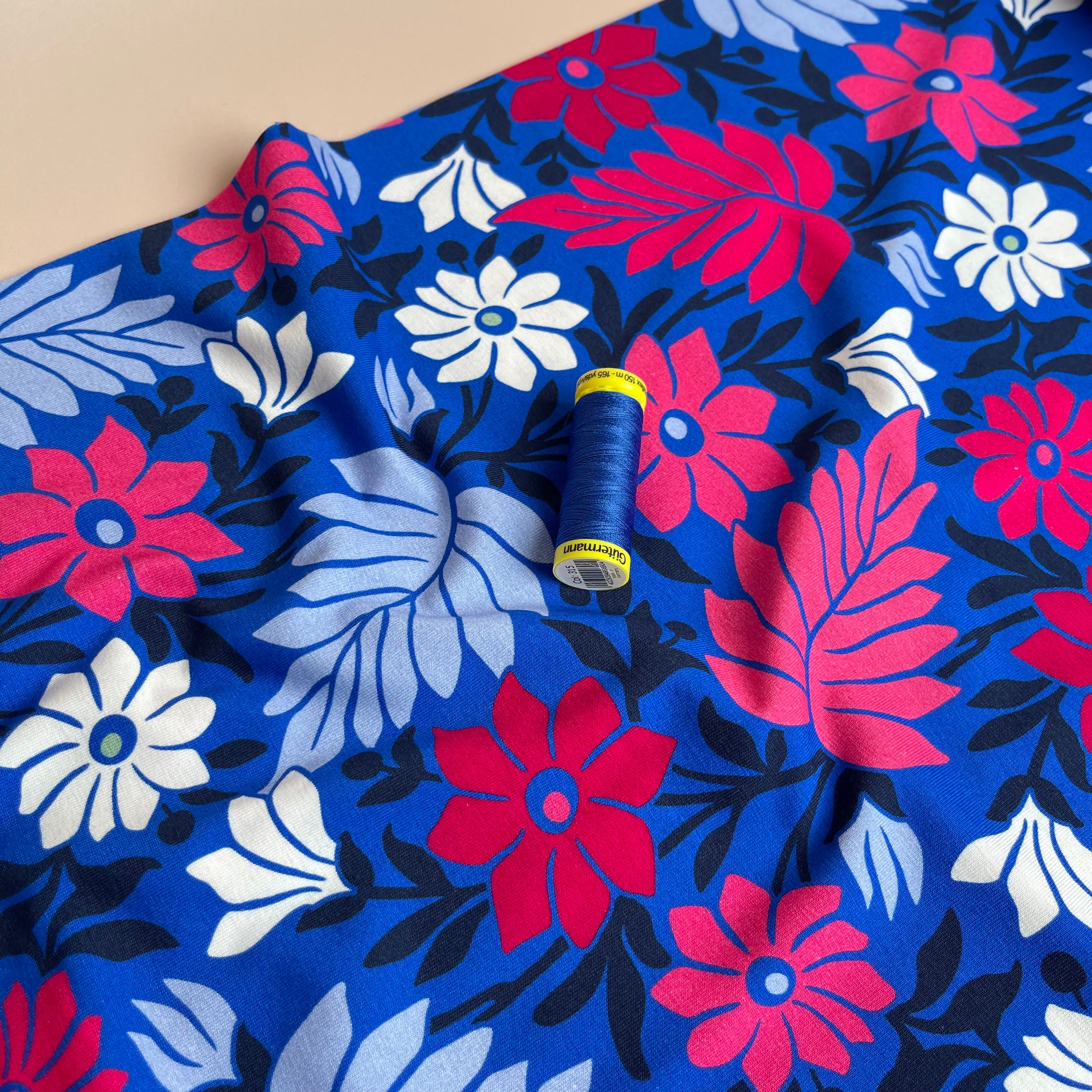 Danish Design - Graphic Flowers on Cobalt Cotton Jersey Fabric