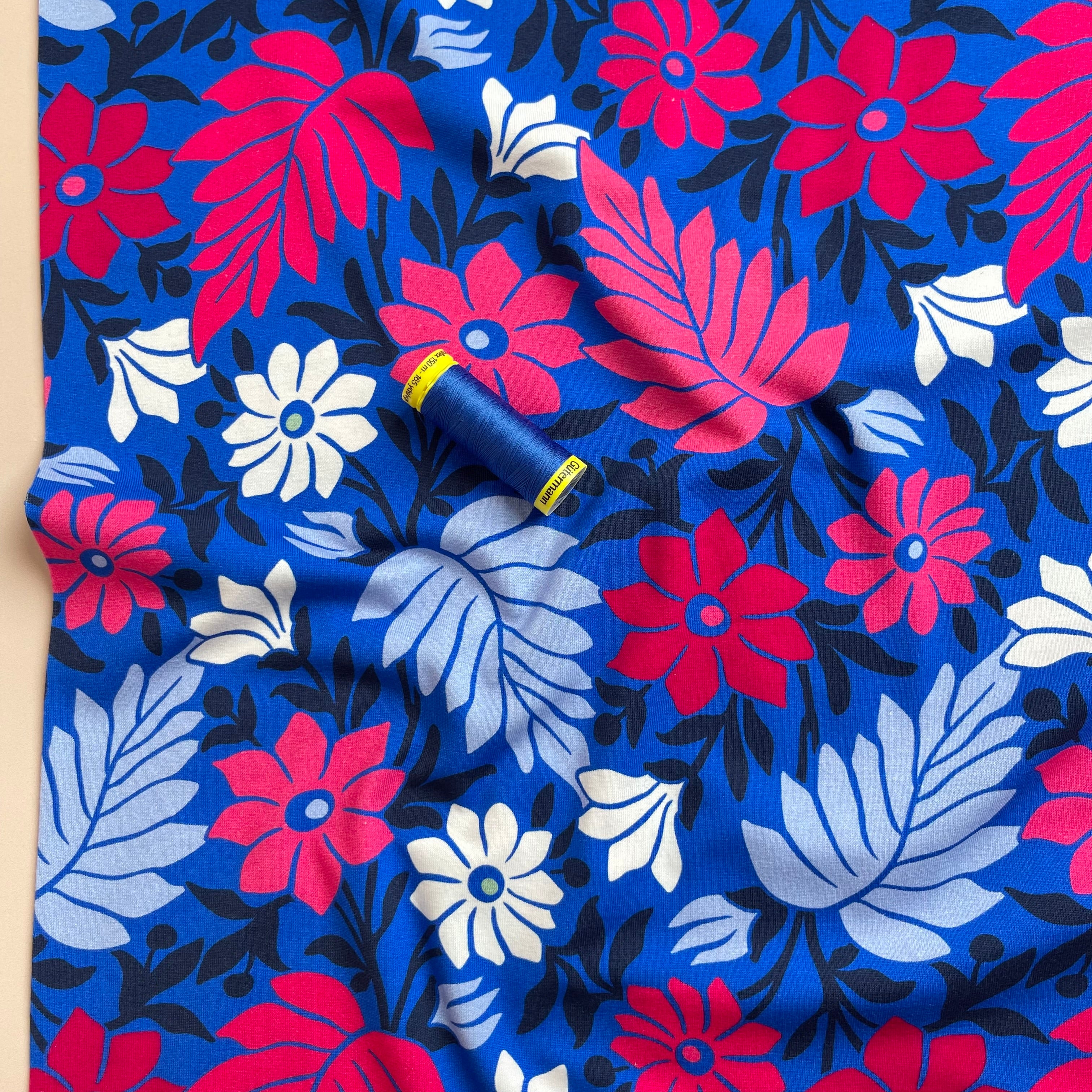 Danish Design - Graphic Flowers on Cobalt Cotton Jersey Fabric