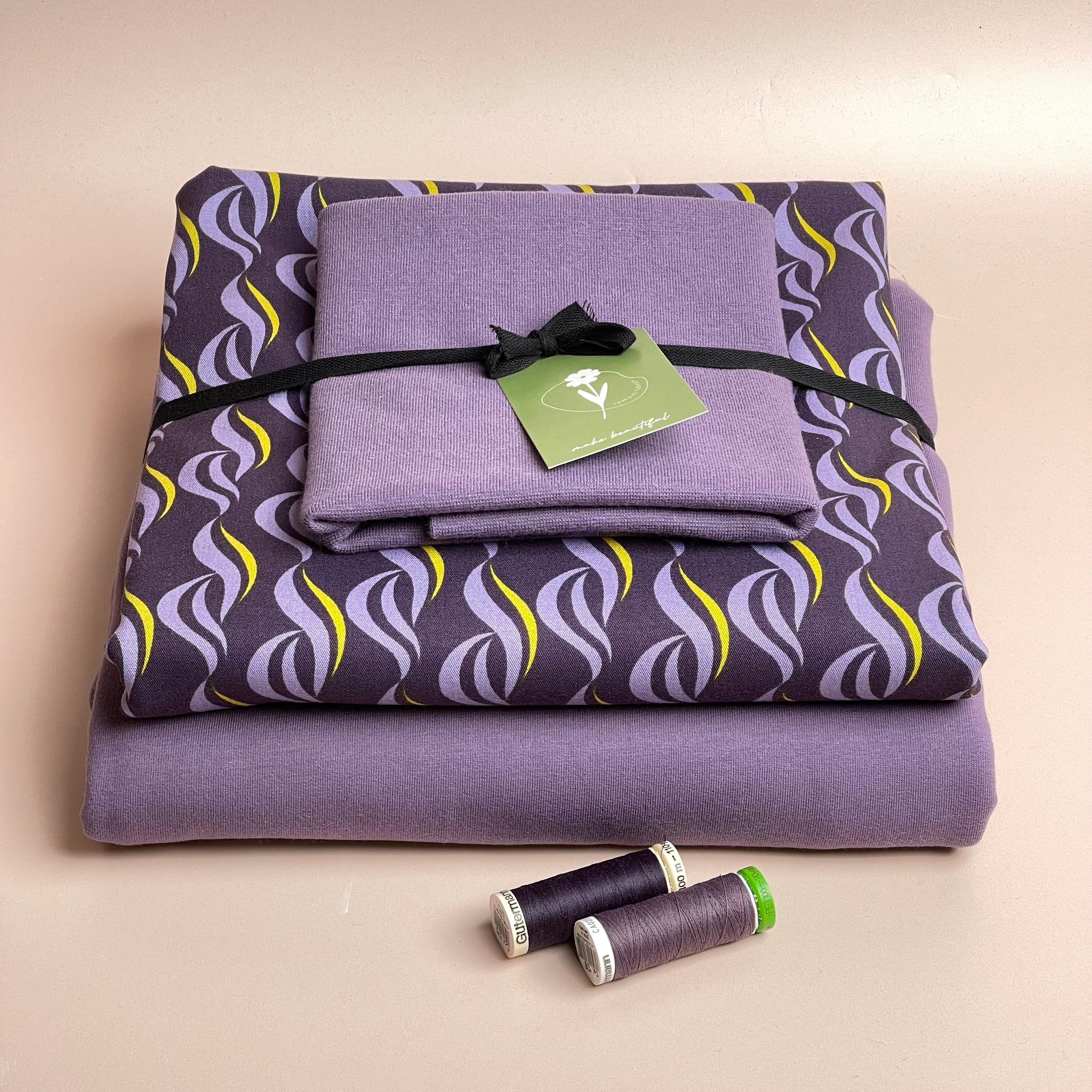 Make an Outfit Colour Bundle - Purple Waves Viscose Twill & Sweatshirting with ribbing