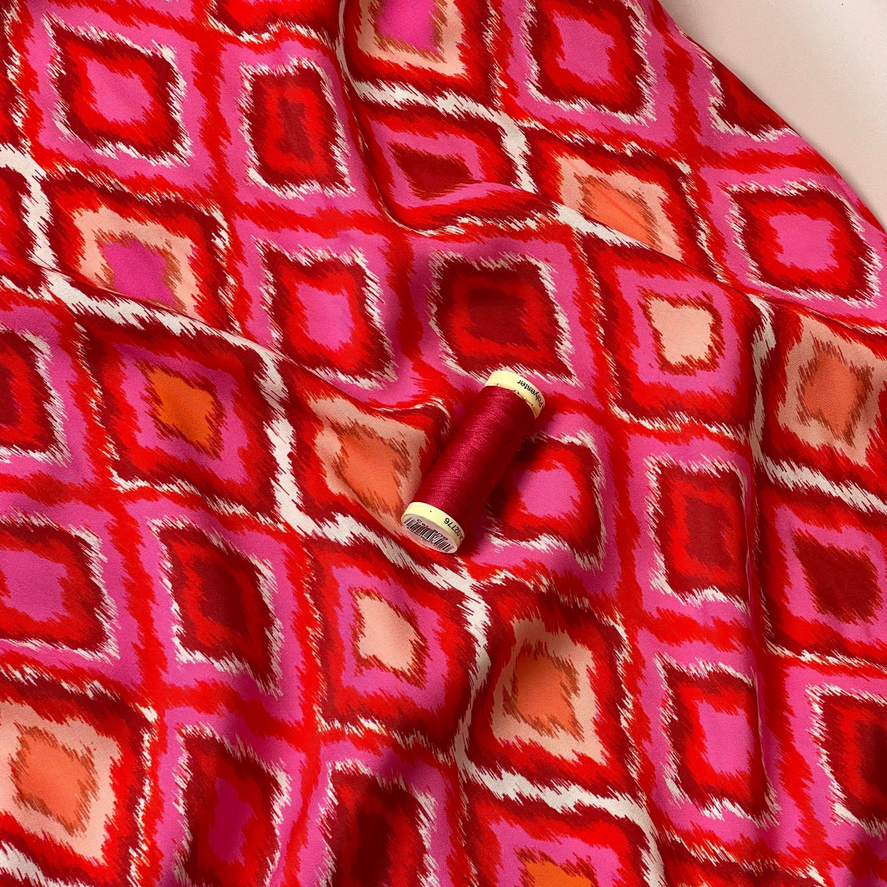 Pink and Red Deco Rhombus Viscose Fabric