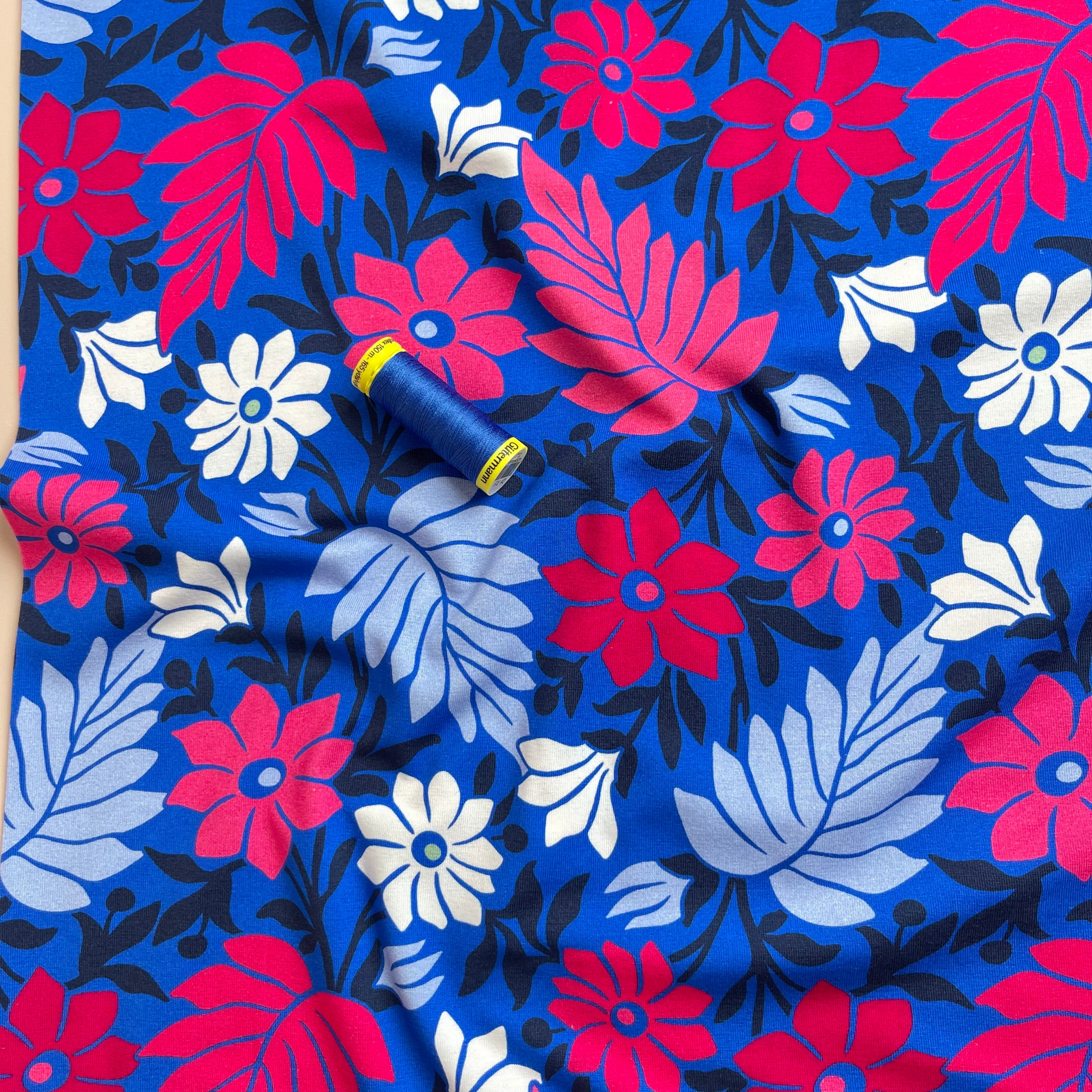 Danish Design - Graphic Flowers on Cobalt Cotton Jersey Fabric