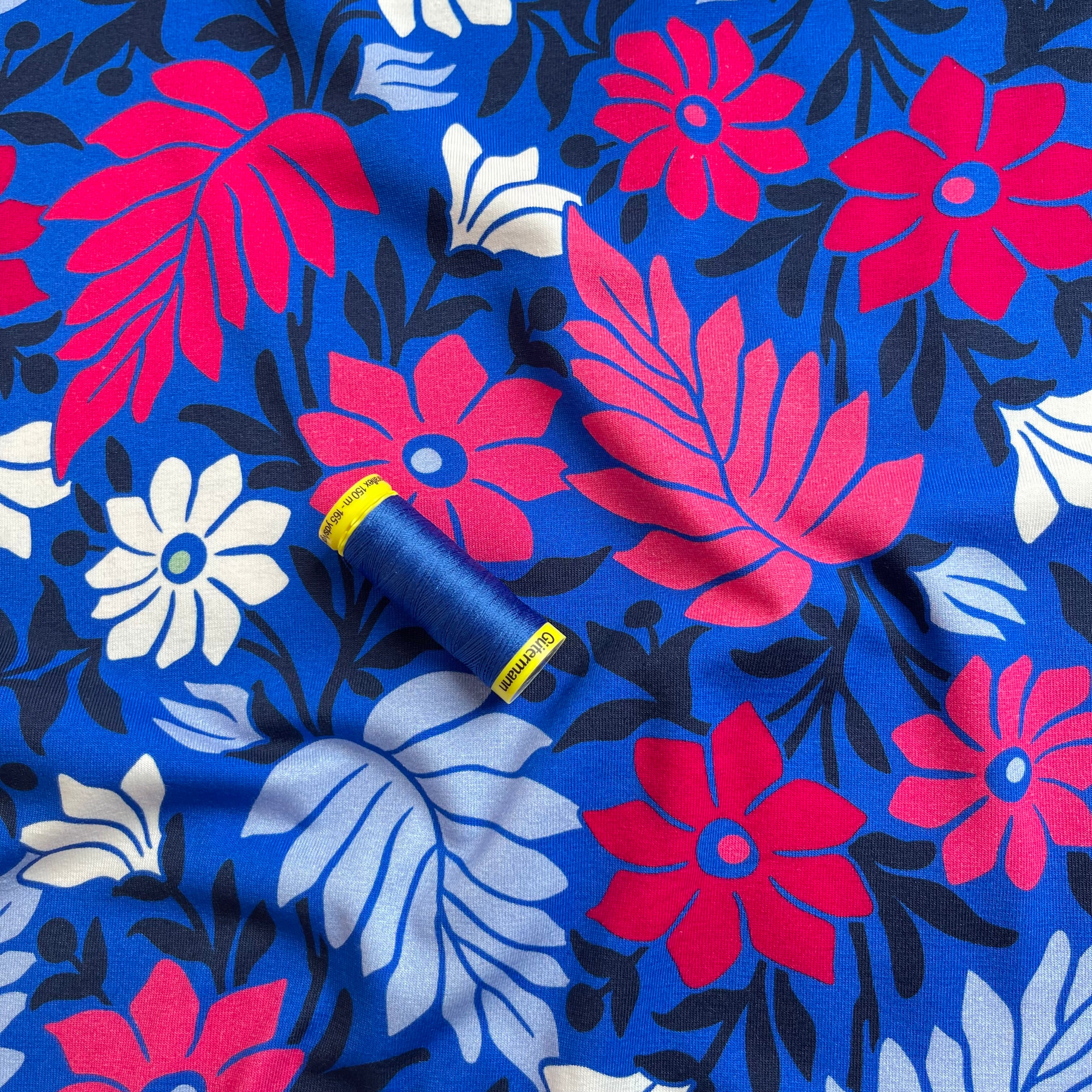 Danish Design - Graphic Flowers on Cobalt Cotton Jersey Fabric