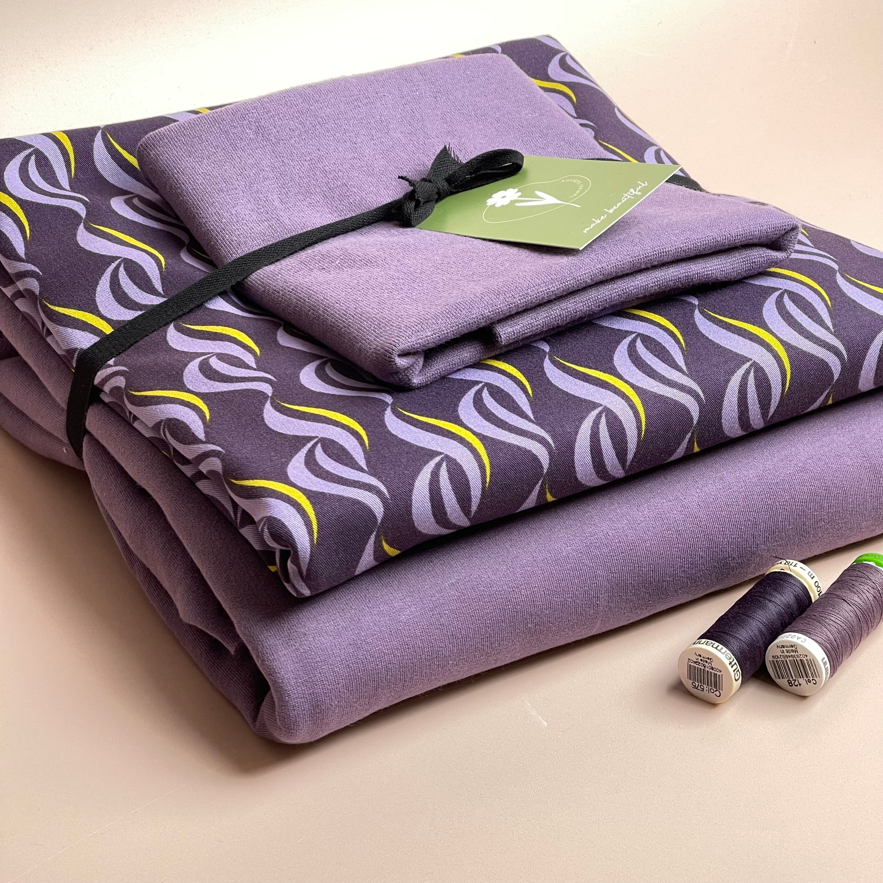 Make an Outfit Colour Bundle - Purple Waves Viscose Twill & Sweatshirting with ribbing