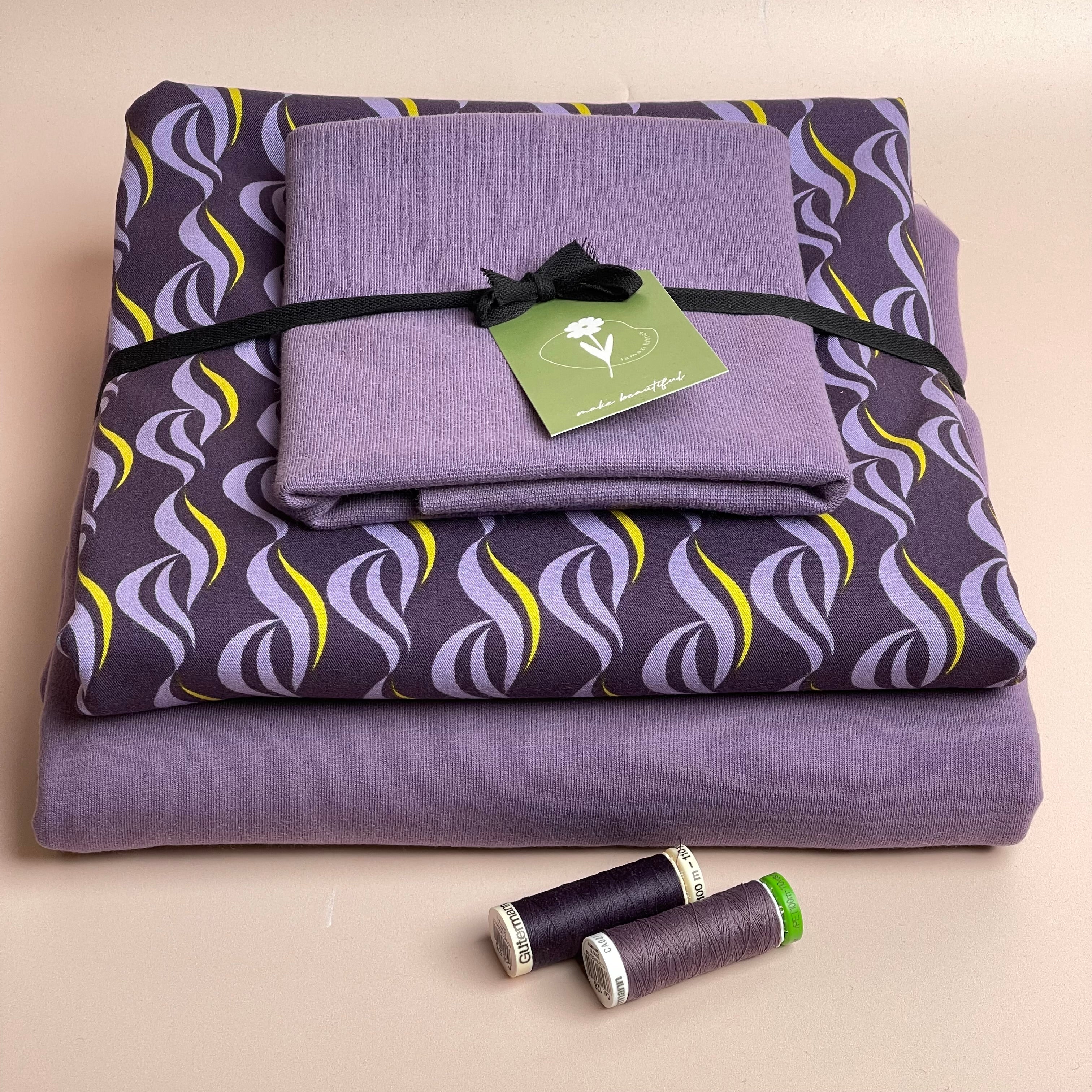 Make an Outfit Colour Bundle - Purple Waves Viscose Twill & Sweatshirting with ribbing