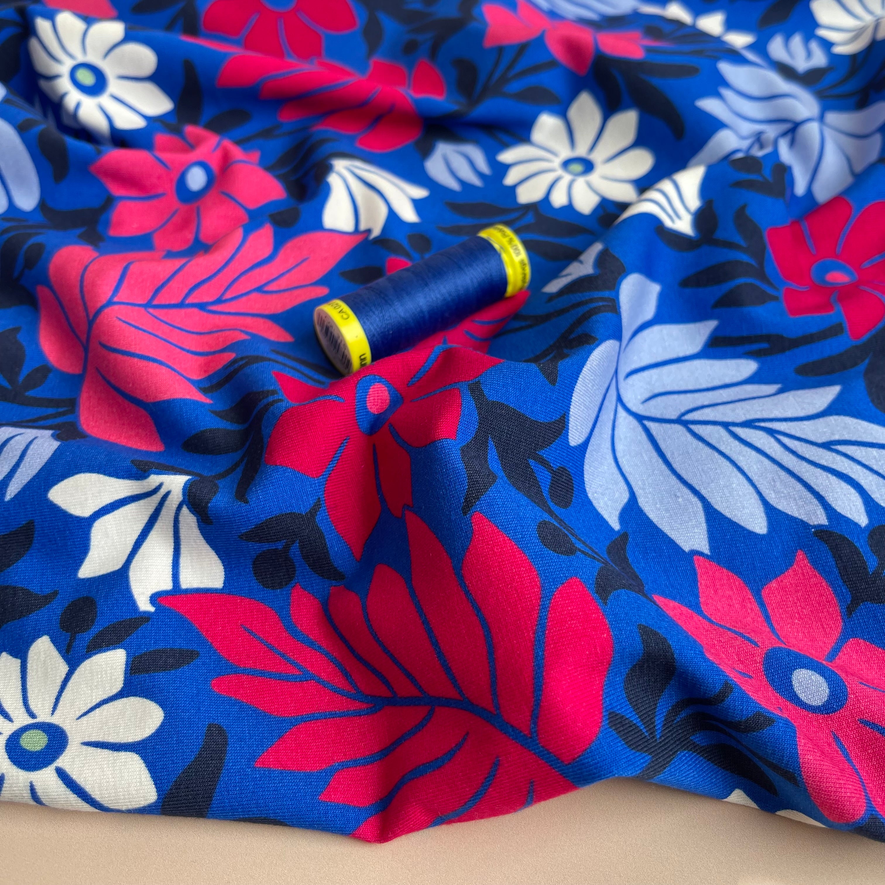 Danish Design - Graphic Flowers on Cobalt Cotton Jersey Fabric