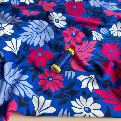 Danish Design - Graphic Flowers on Cobalt Cotton Jersey Fabric