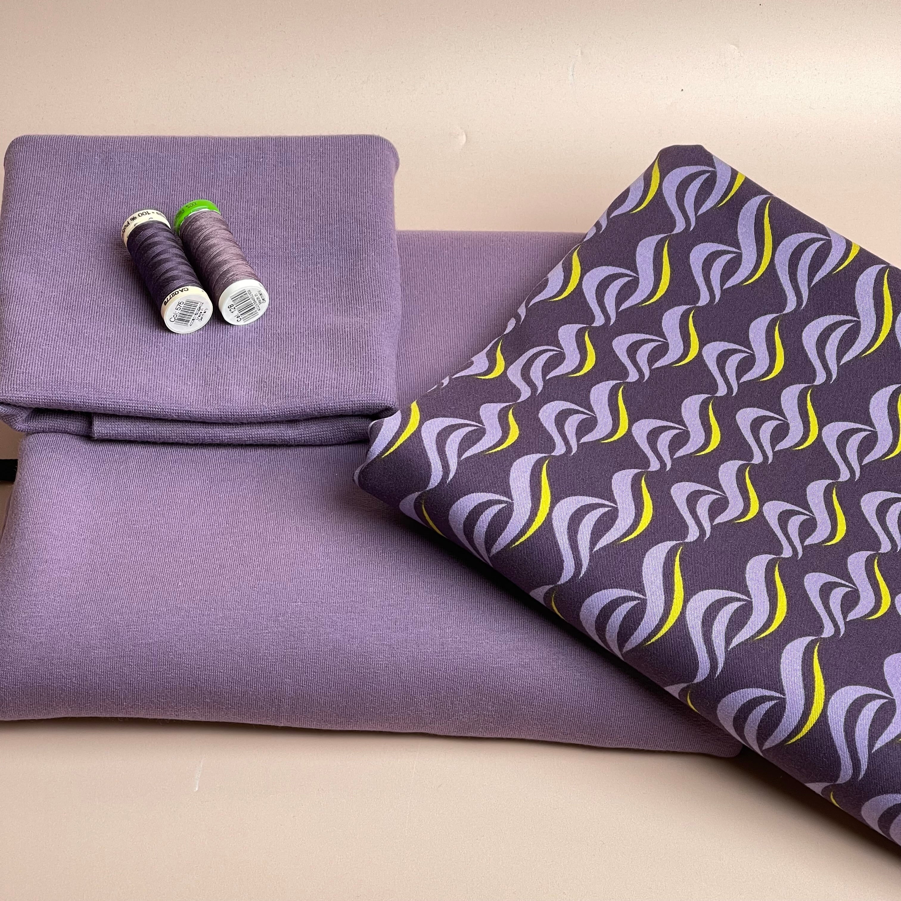 Make an Outfit Colour Bundle - Purple Waves Viscose Twill & Sweatshirting with ribbing