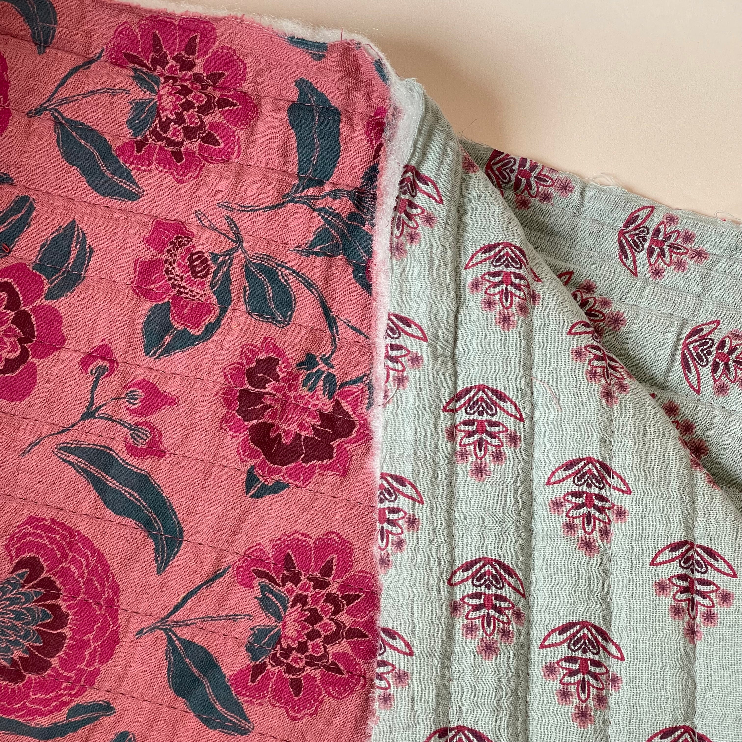 Ornamental Flowers in Coral Pink Quilted Cotton Gauze