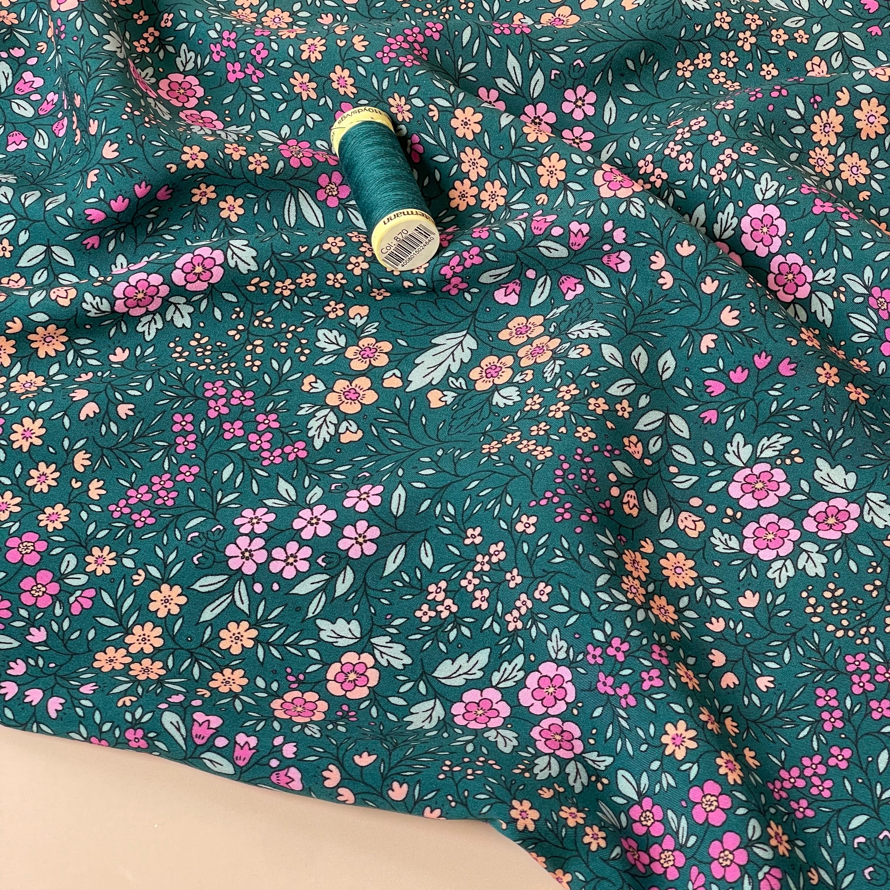 Ditsy Flowers on Teal LENZING™ ECOVERO™ Viscose Fabric