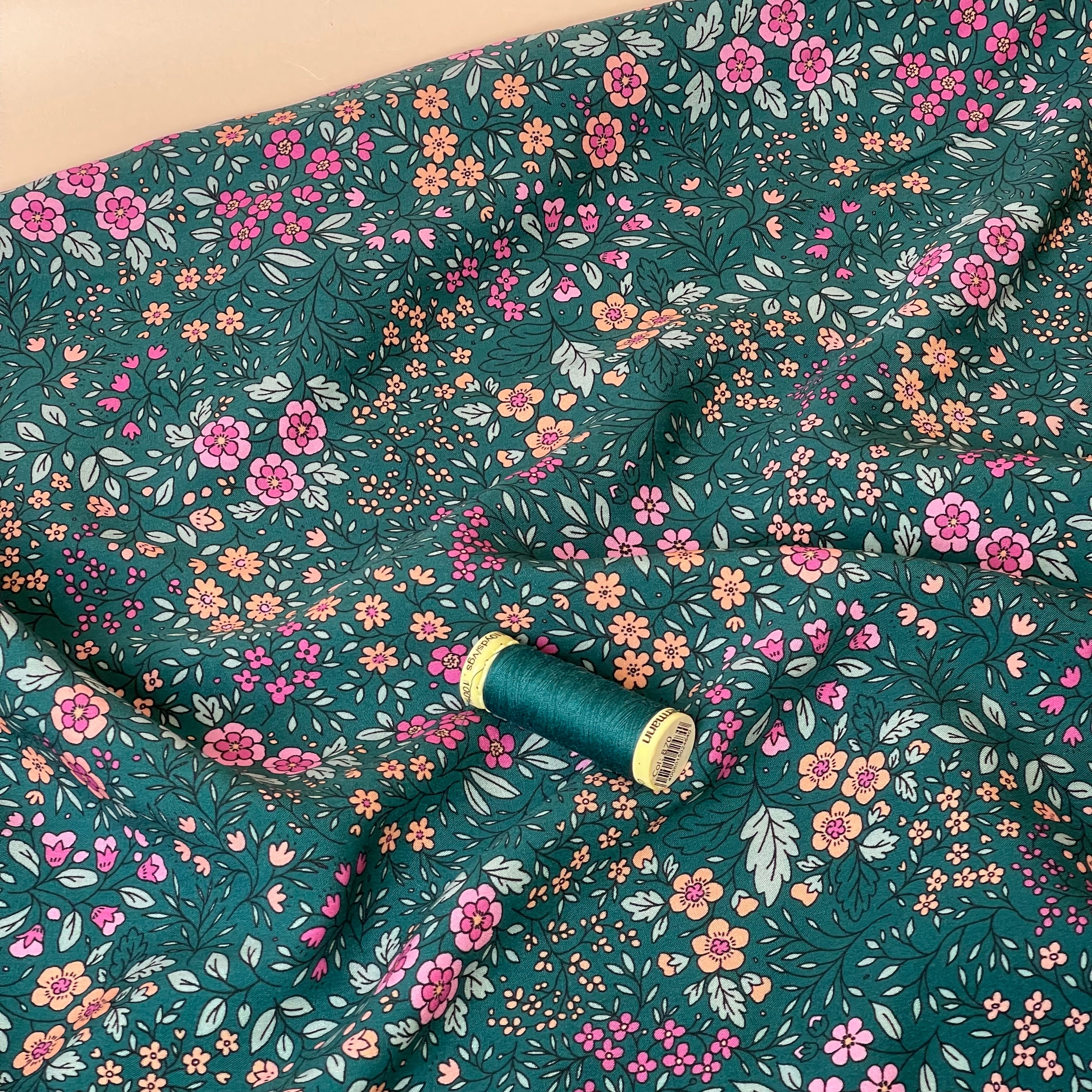Ditsy Flowers on Teal LENZING™ ECOVERO™ Viscose Fabric