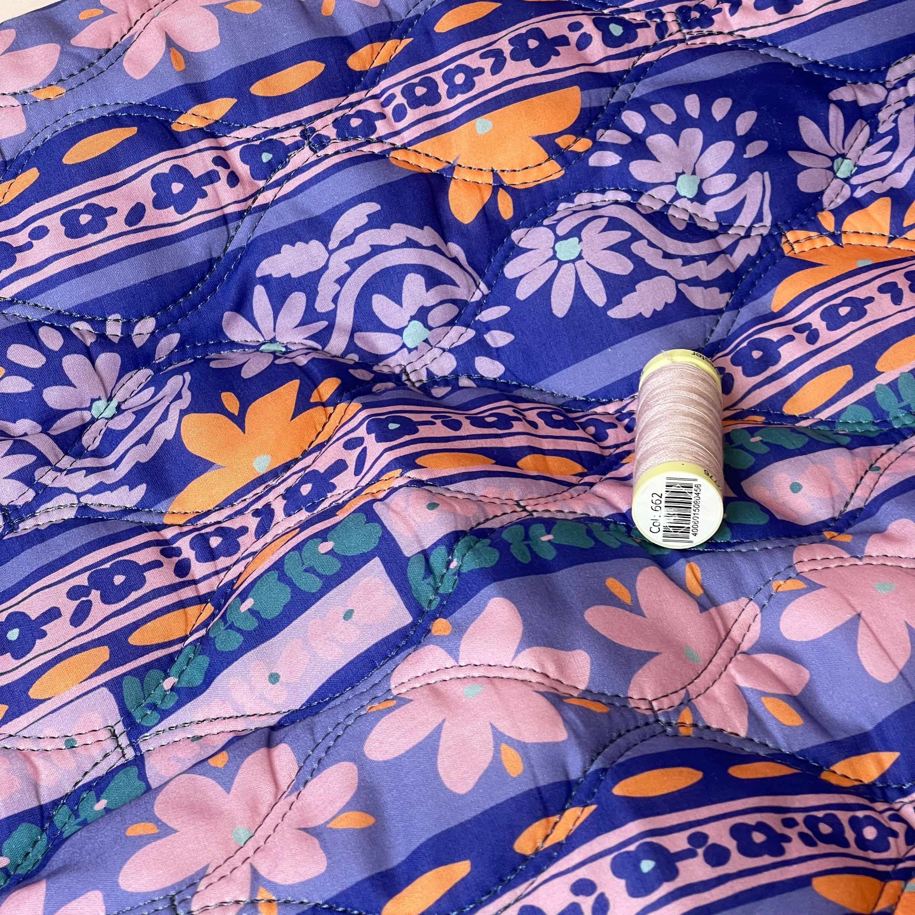 Ornamental Flowers Purple Quilted Cotton Fabric