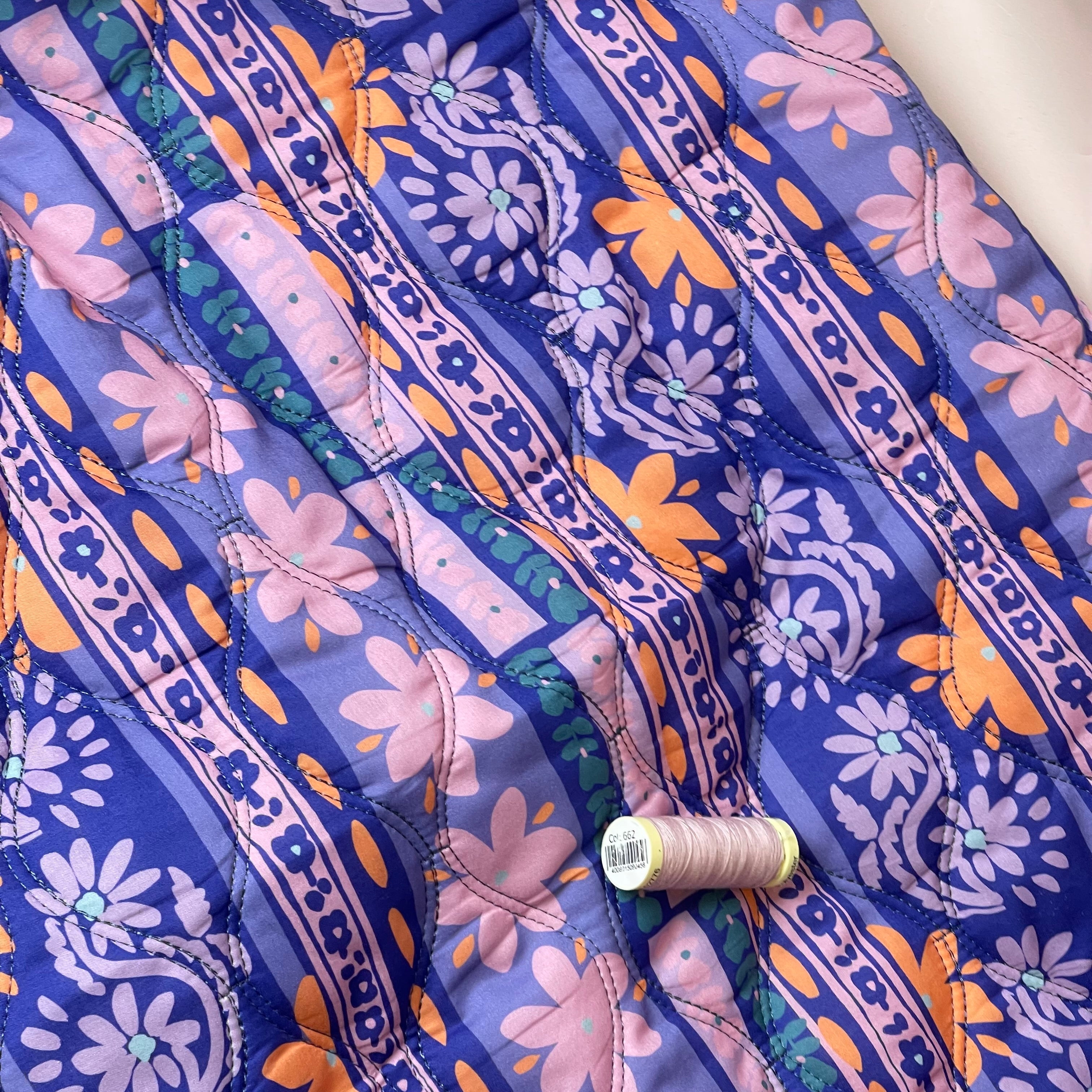 Ornamental Flowers Purple Quilted Cotton Fabric