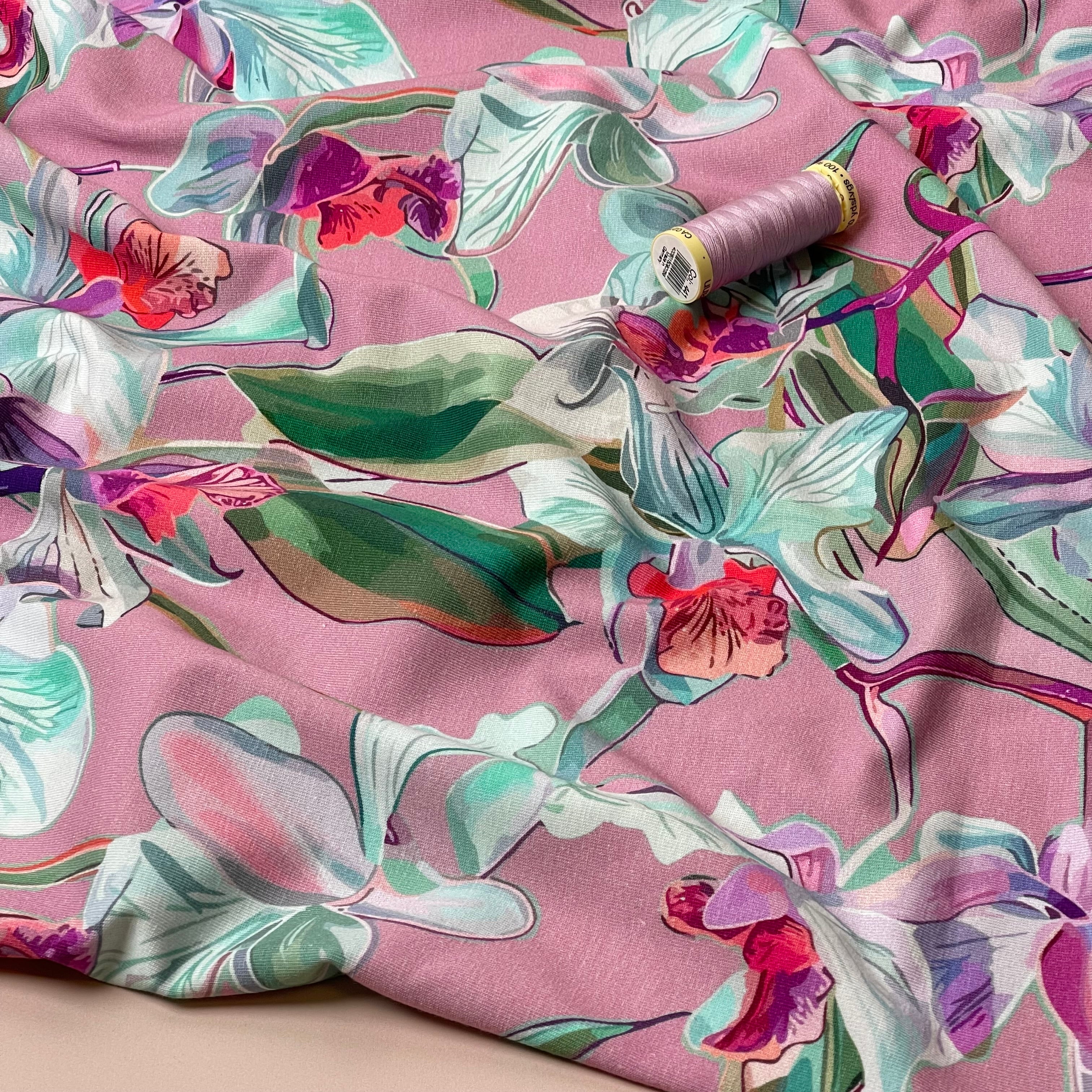 Lilies on Pink Cotton Jersey Fabric