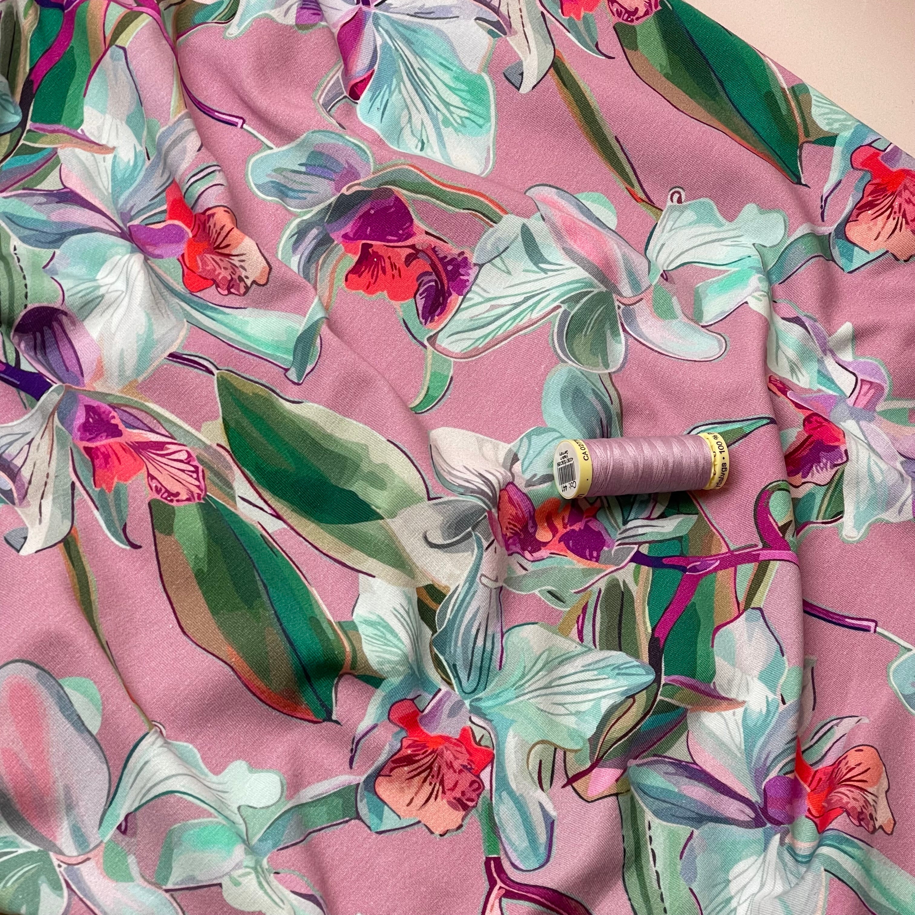 Lilies on Pink Cotton Jersey Fabric