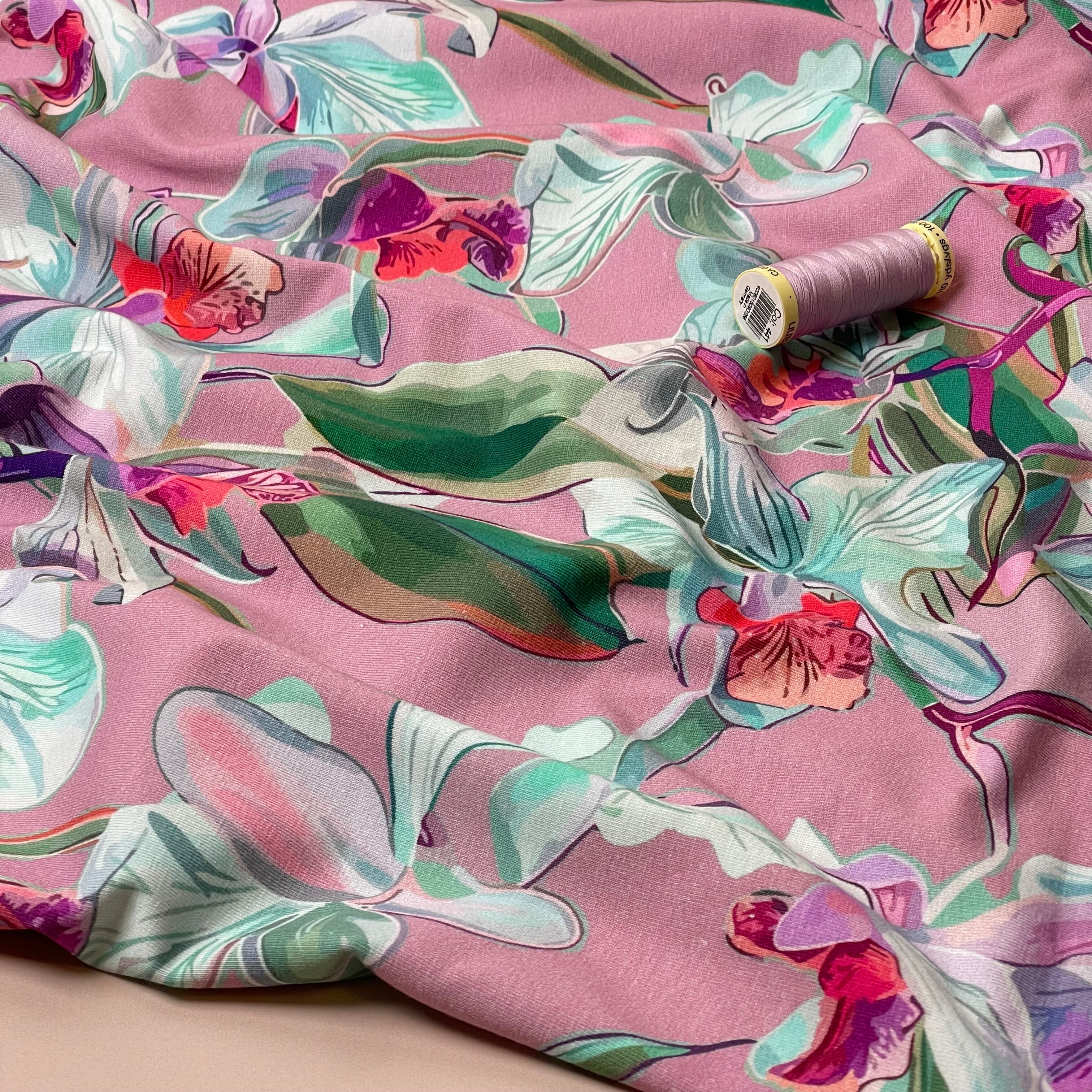 Lilies on Pink Cotton Jersey Fabric