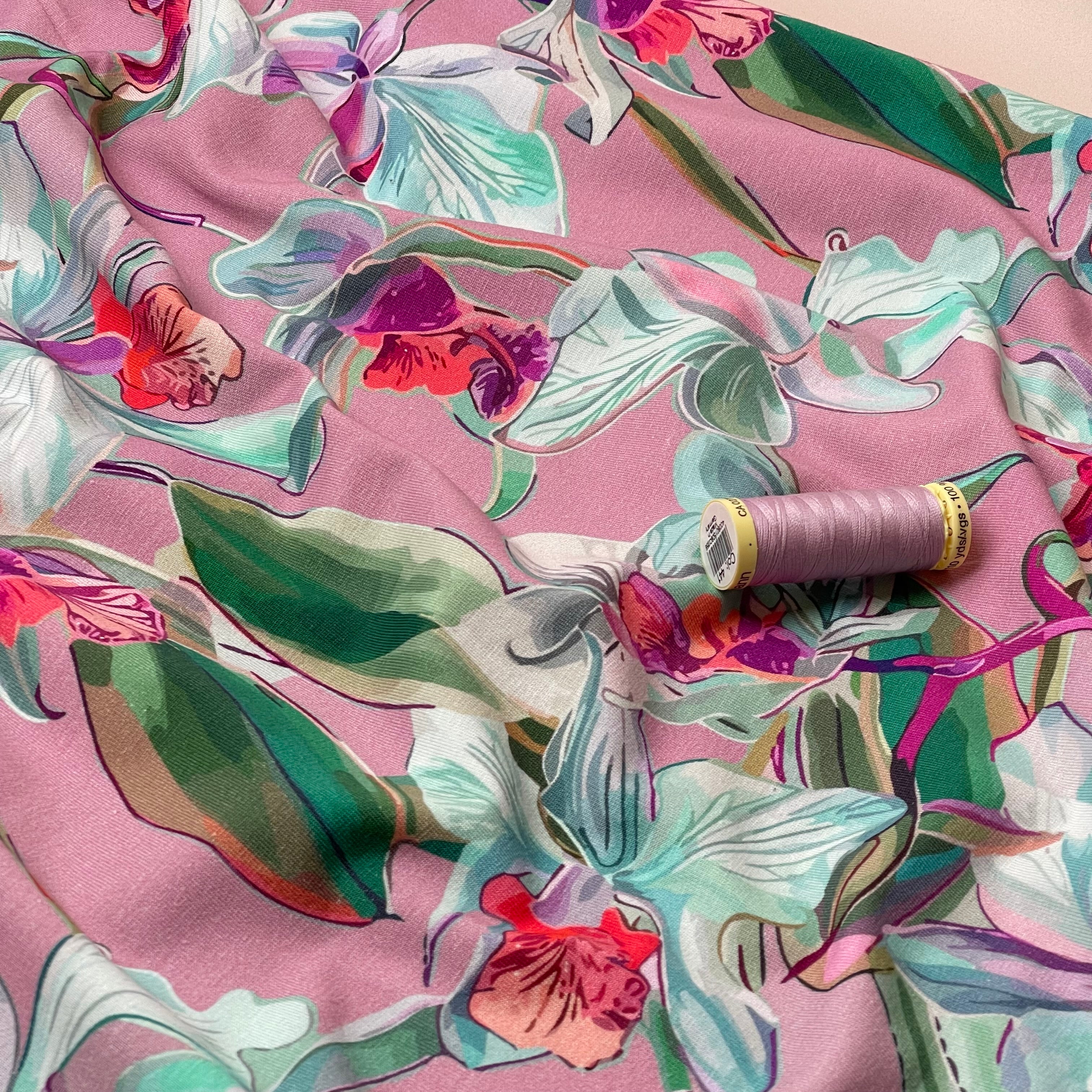 Lilies on Pink Cotton Jersey Fabric