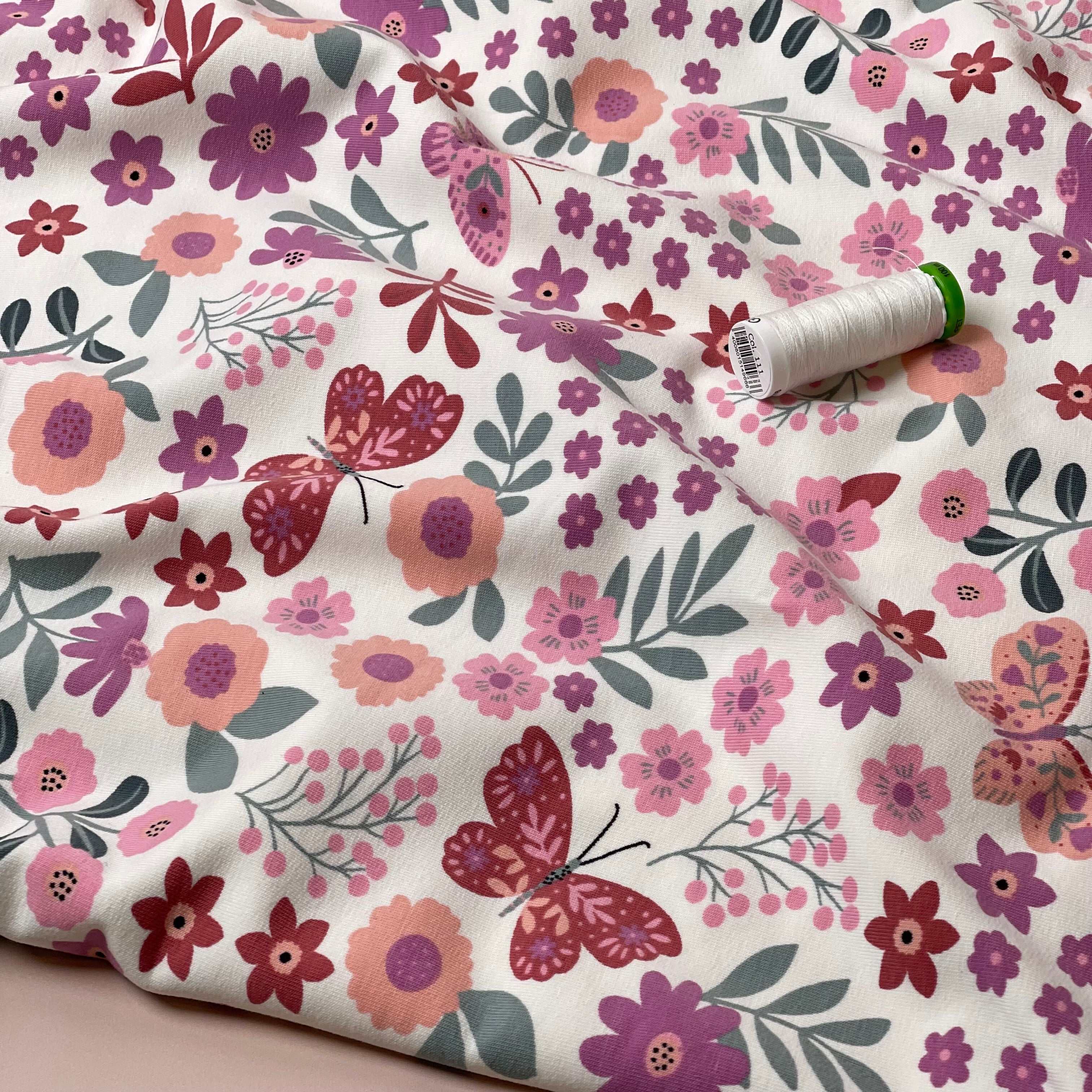 Flowers & Butterflies Off-White Cotton French Terry