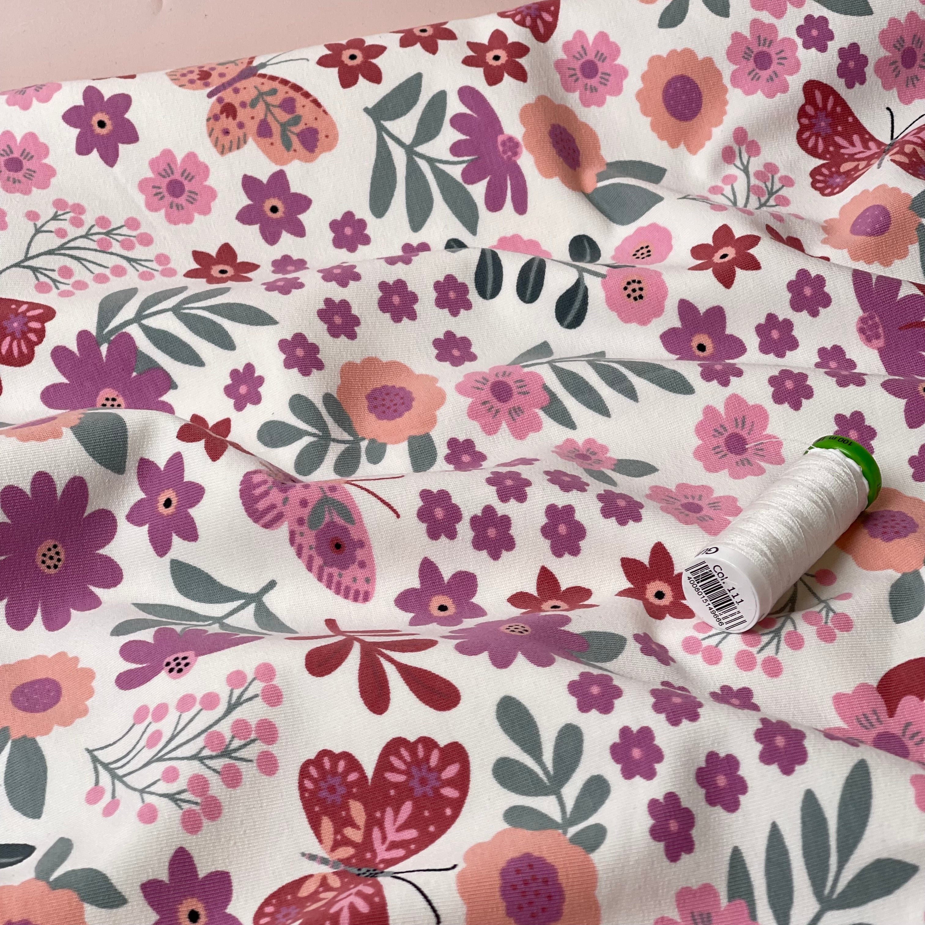 Flowers & Butterflies Off-White Cotton French Terry