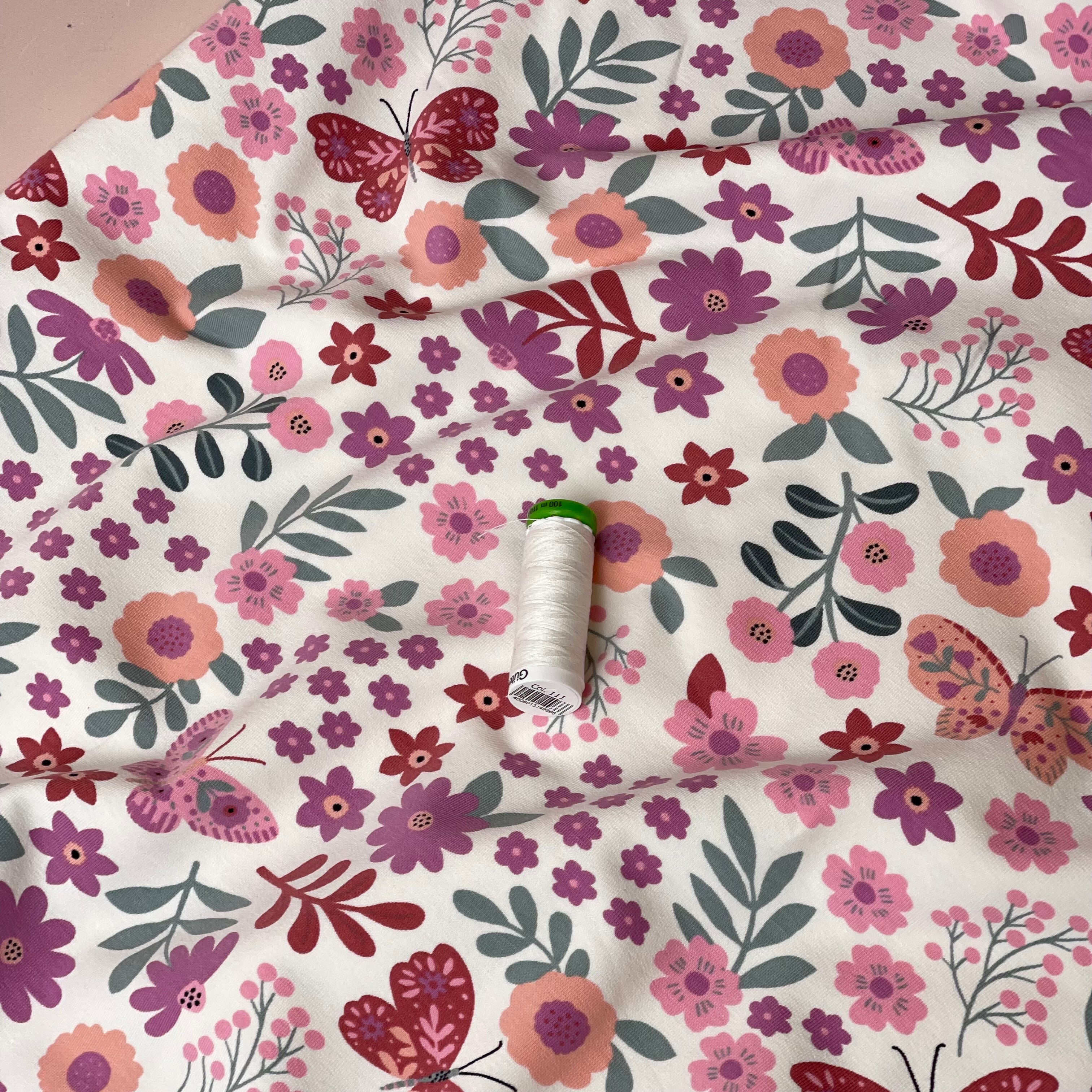 Flowers & Butterflies Off-White Cotton French Terry