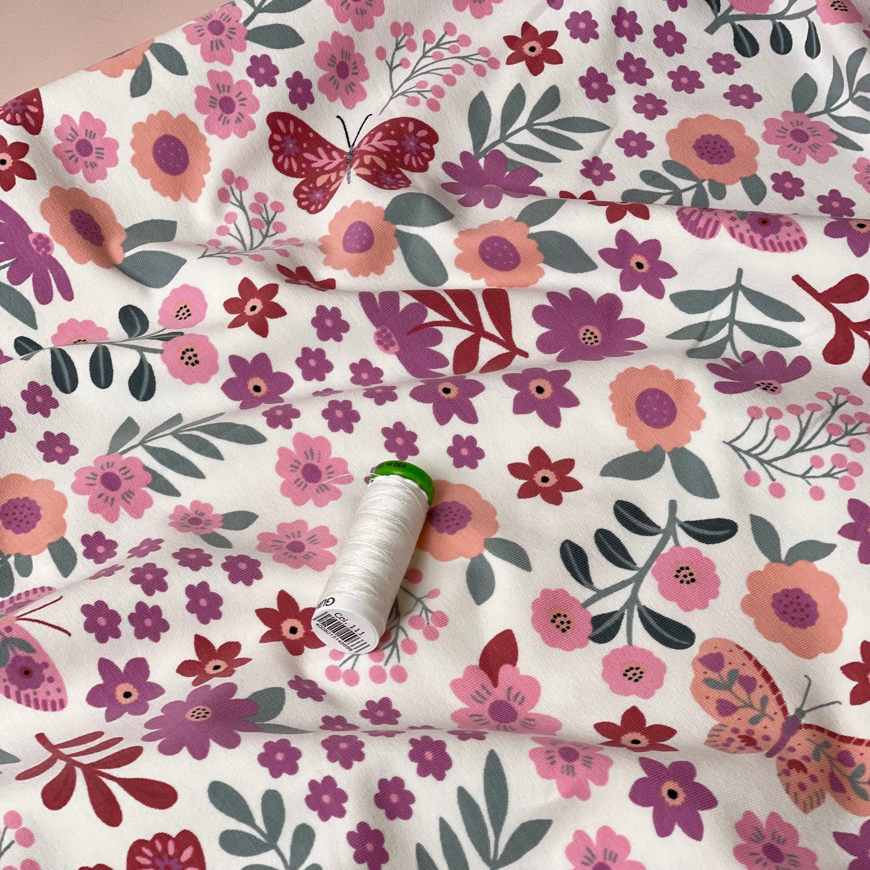 Flowers & Butterflies Off-White Cotton French Terry