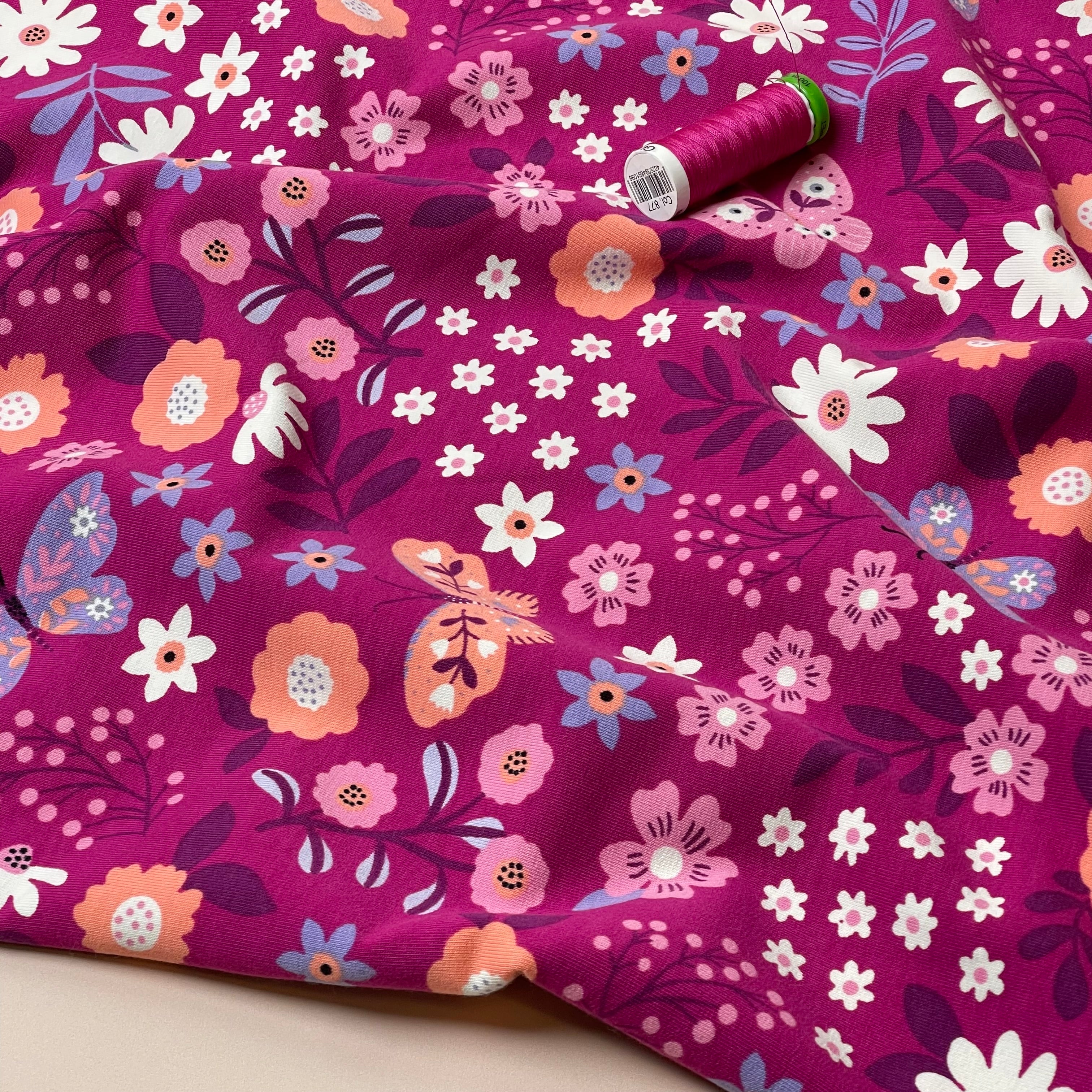 Flowers & Butterflies Magenta Cotton French Terry