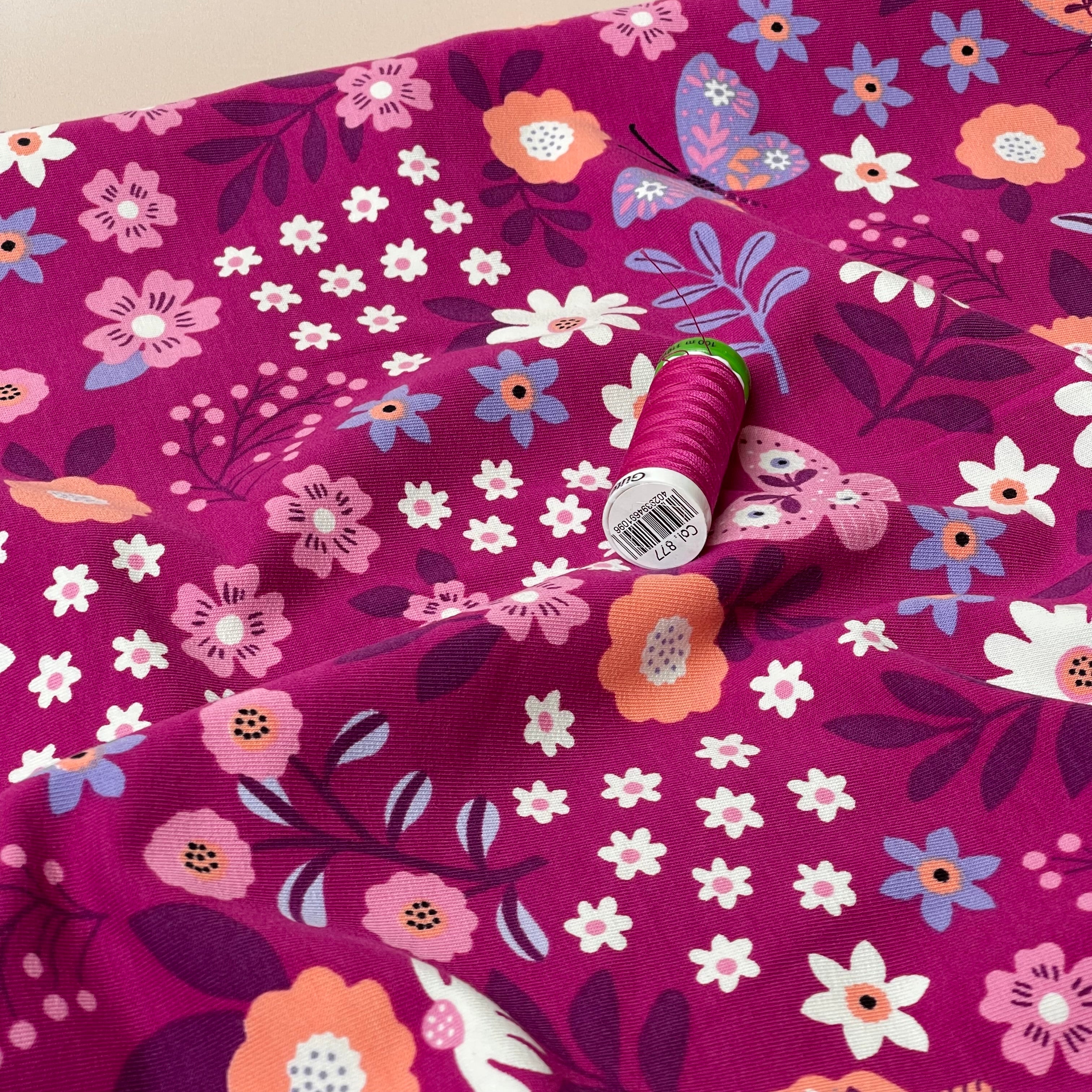 Flowers & Butterflies Magenta Cotton French Terry