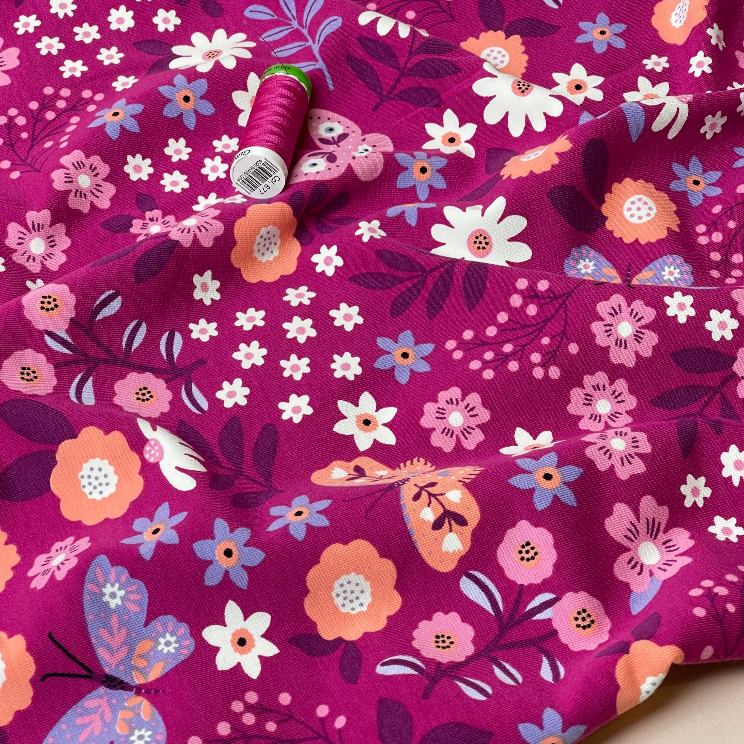 Flowers & Butterflies Magenta Cotton French Terry