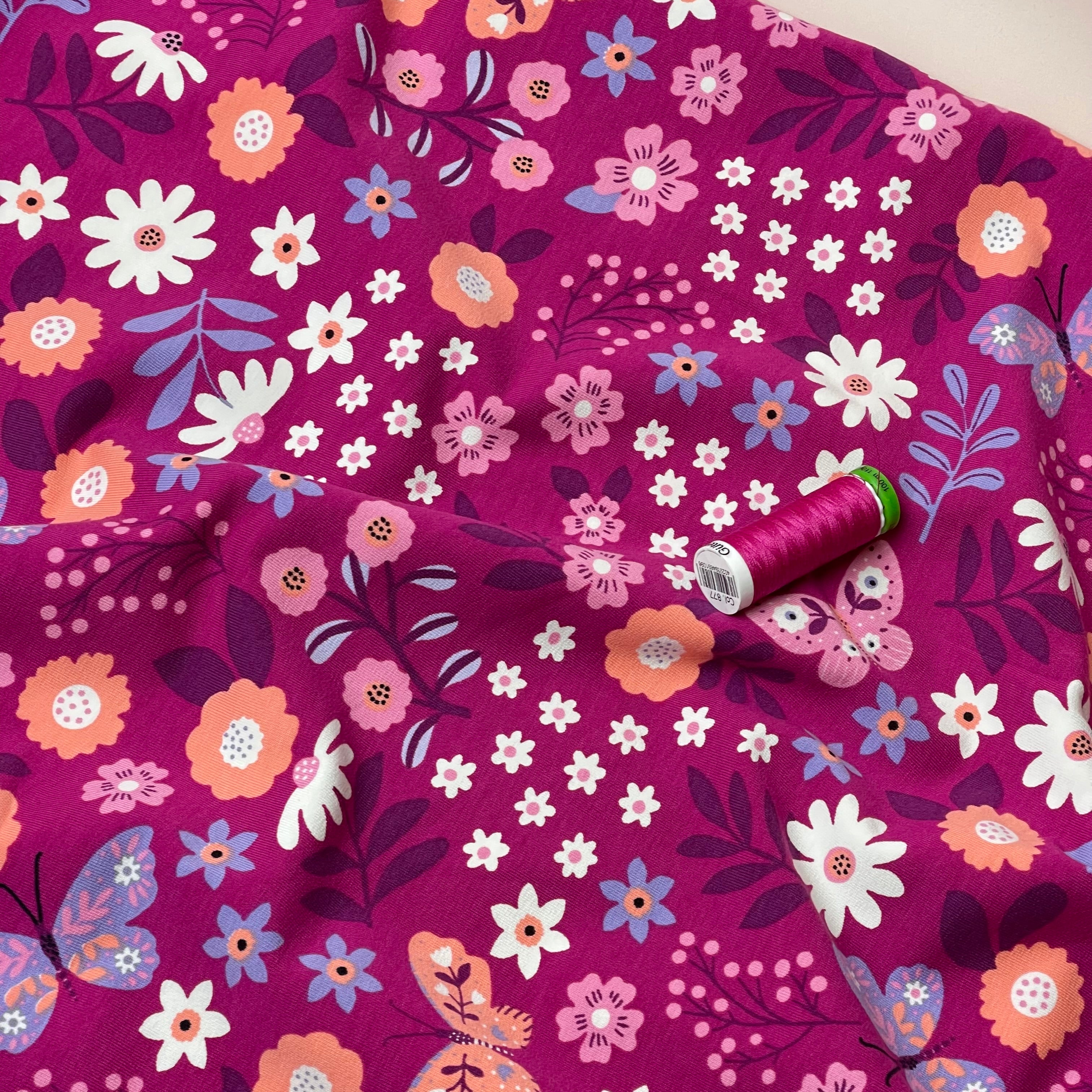 Flowers & Butterflies Magenta Cotton French Terry