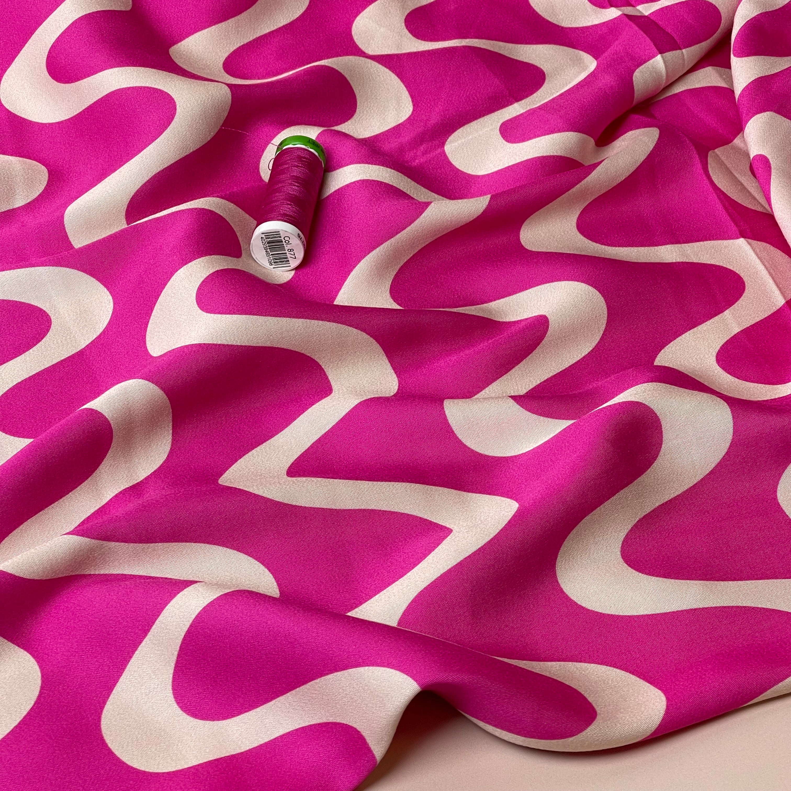 Waves Fuchsia Viscose Sateen Fabric