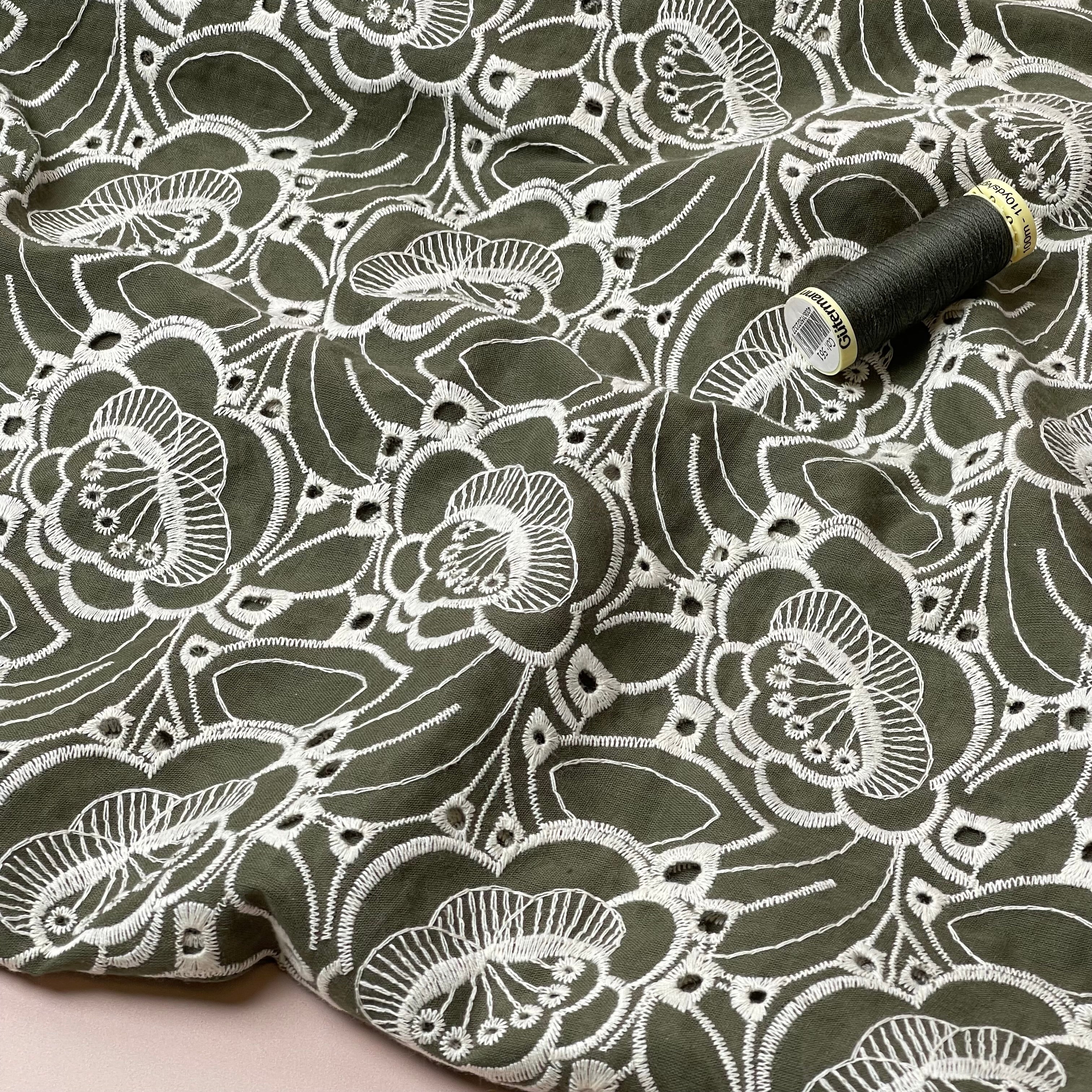 Embroidered Flowers Olive Cotton Fabric