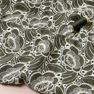 Embroidered Flowers Olive Cotton Fabric