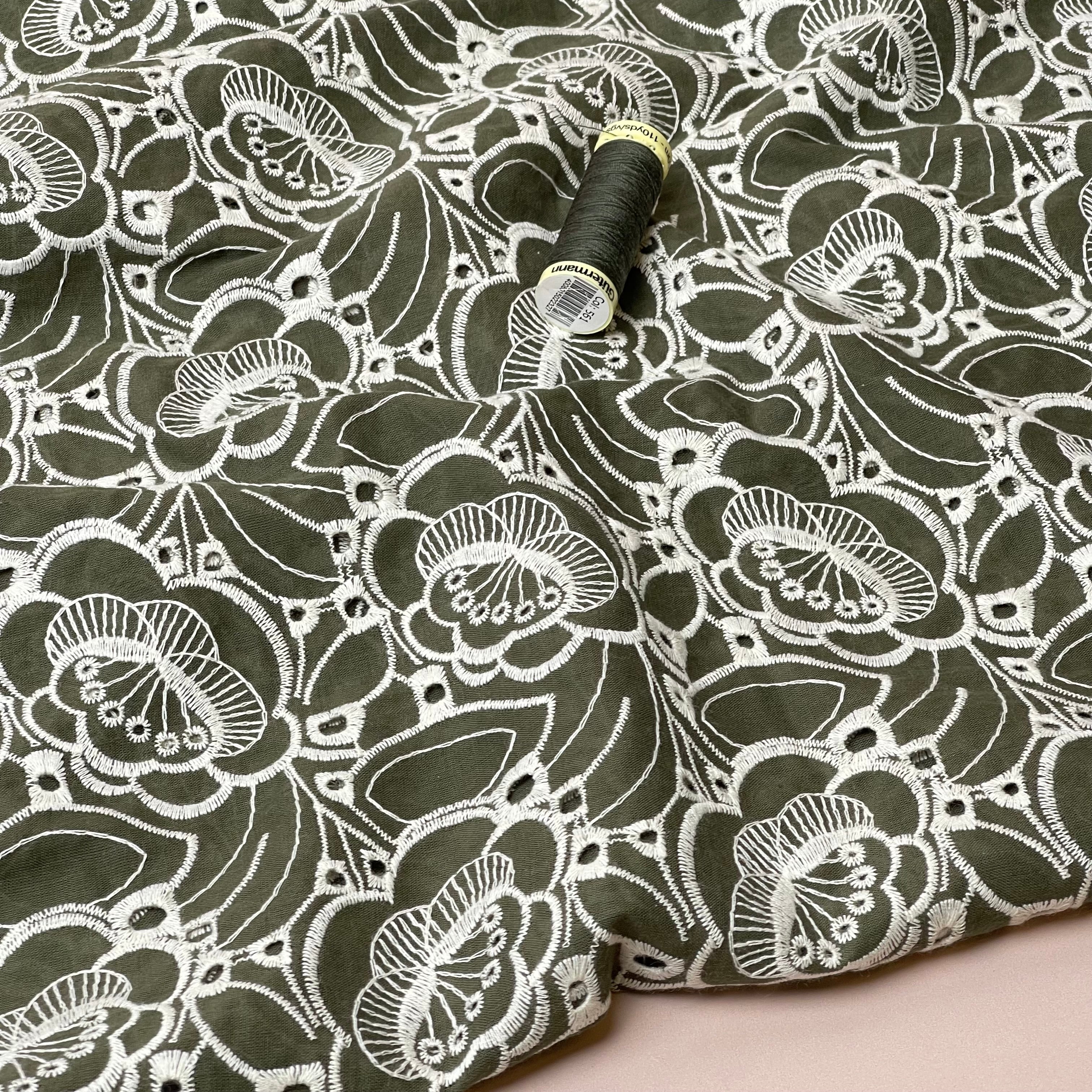 Embroidered Flowers Olive Cotton Fabric